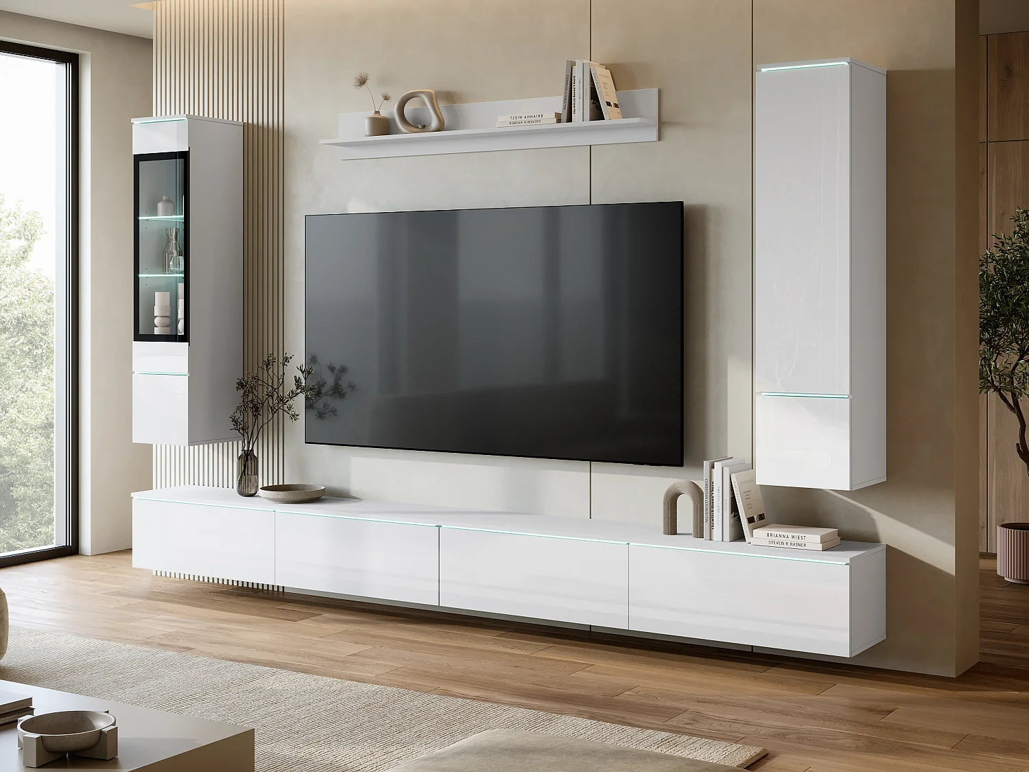 Moderne wandmeubelset 300 cm met verlichting wit/wit hoogglans