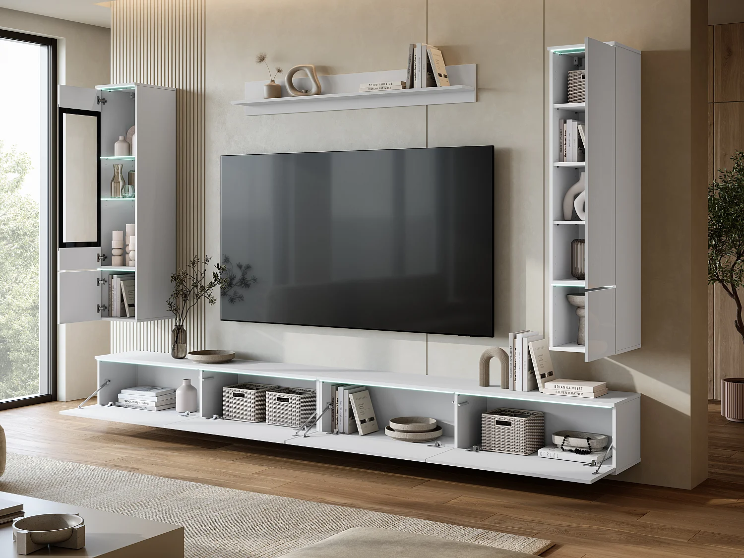 Moderne wandmeubelset 300 cm met verlichting wit/wit hoogglans