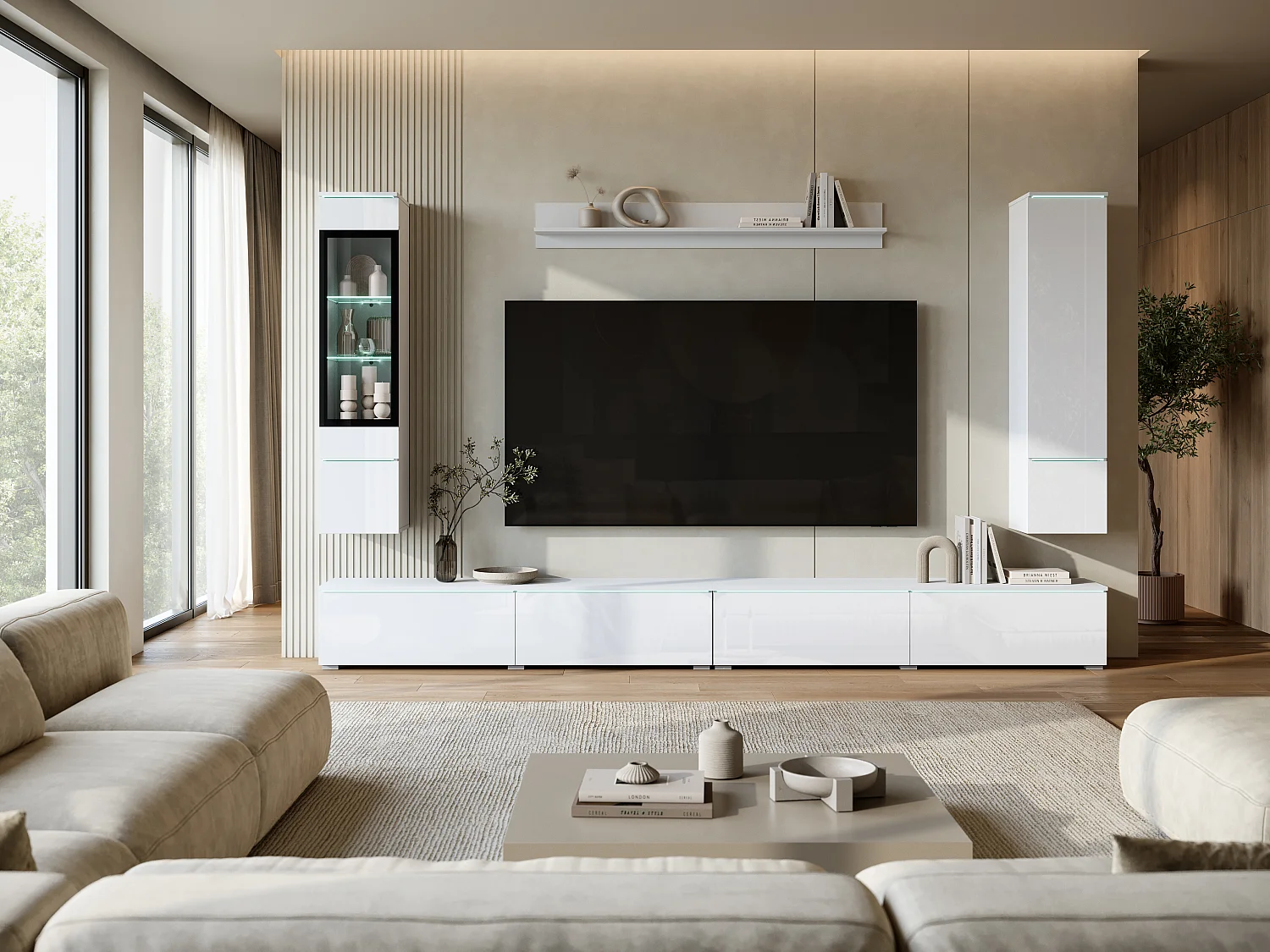 Moderne wandmeubelset 300 cm met verlichting wit/wit hoogglans