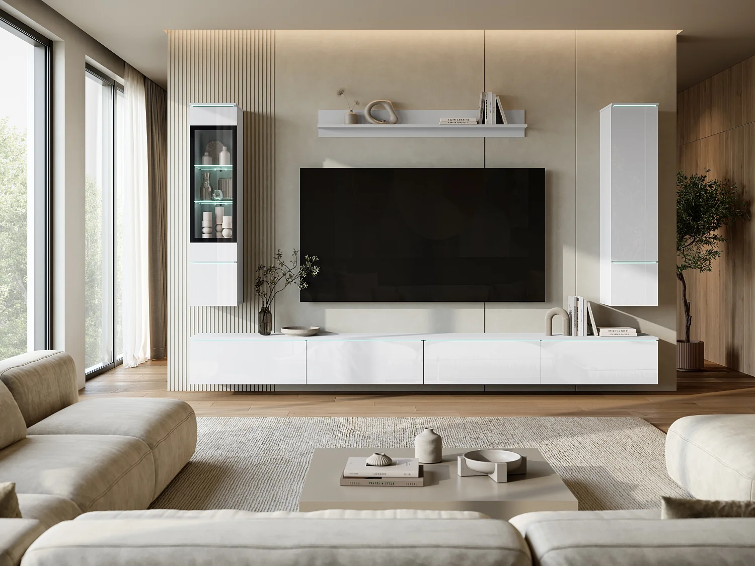 Moderne wandmeubelset 300 cm met verlichting wit/wit hoogglans
