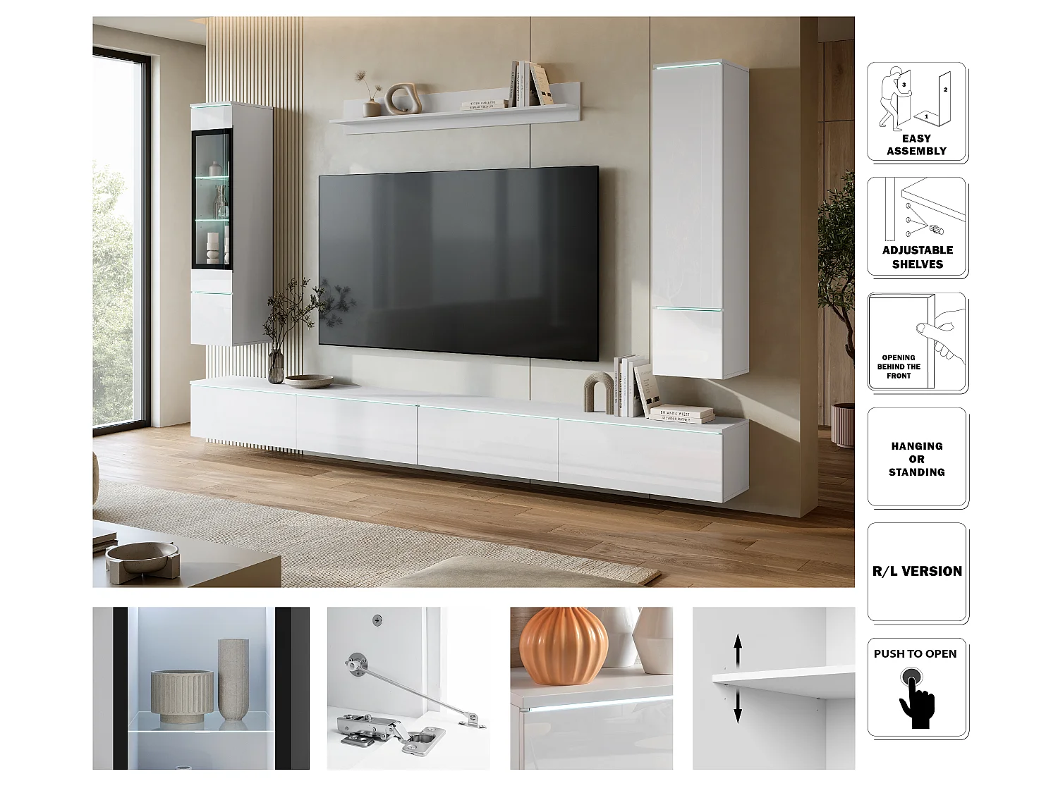 Moderne wandmeubelset 300 cm met verlichting wit/wit hoogglans