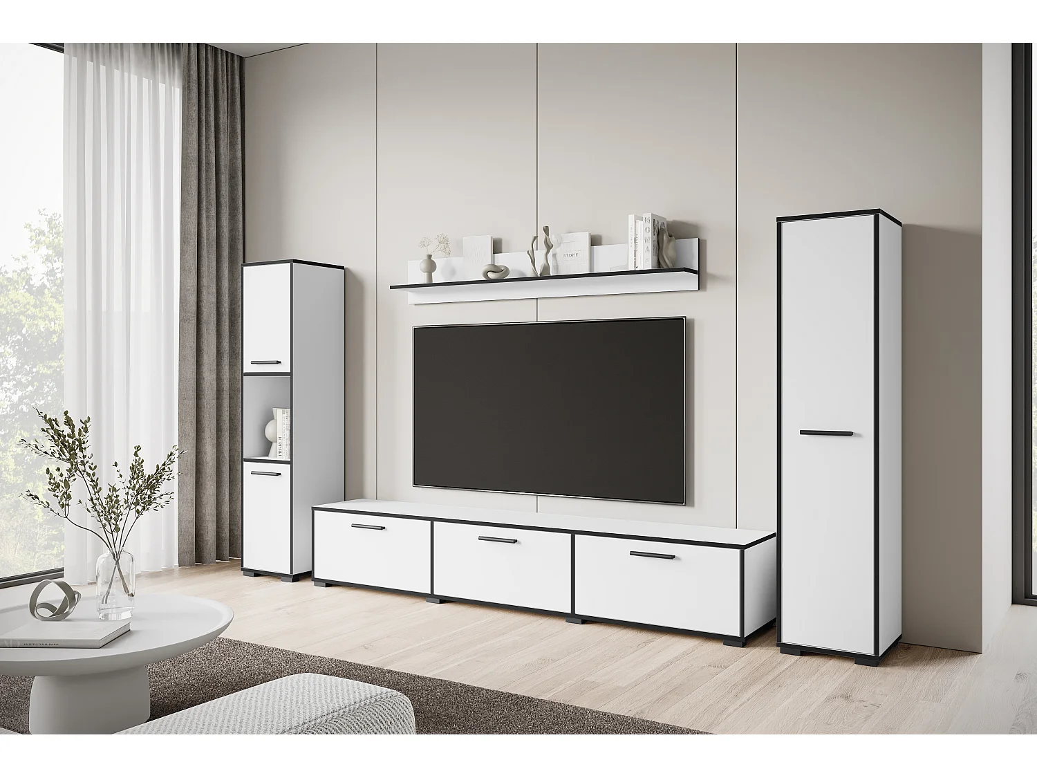 4-delige hang- en staande meubelset, TV-meubel 180 cm, 2 hoge kasten en wandplank, mat wit