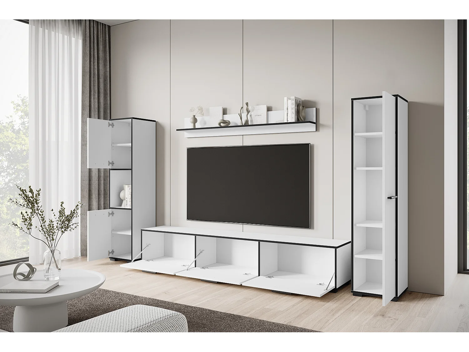 4-delige hang- en staande meubelset, TV-meubel 180 cm, 2 hoge kasten en wandplank, mat wit
