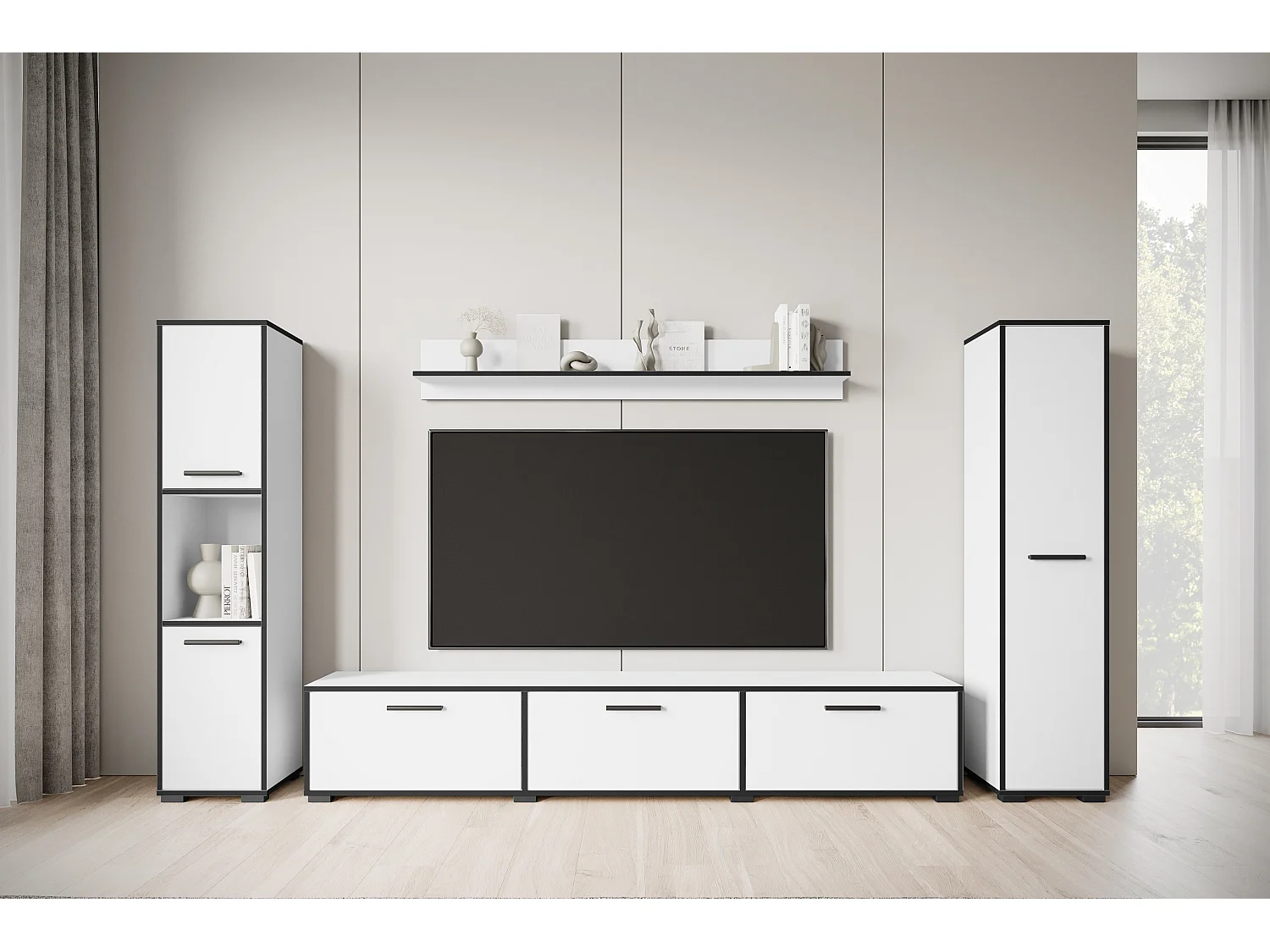 4-delige hang- en staande meubelset, TV-meubel 180 cm, 2 hoge kasten en wandplank, mat wit
