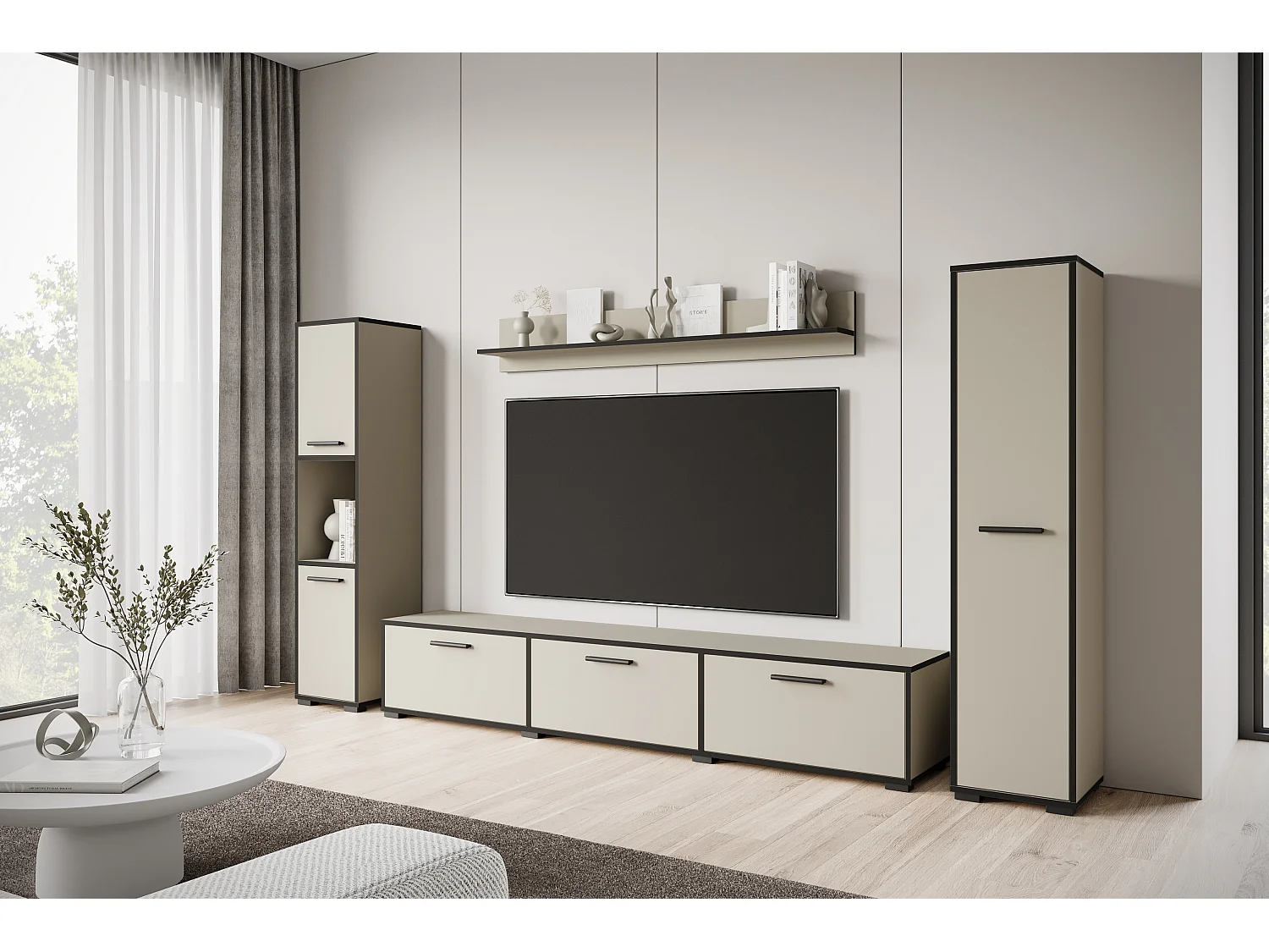 4-delige hang- en staande meubelset, TV-meubel 180 cm, 2 hoge kasten en wandplank, kasjmier