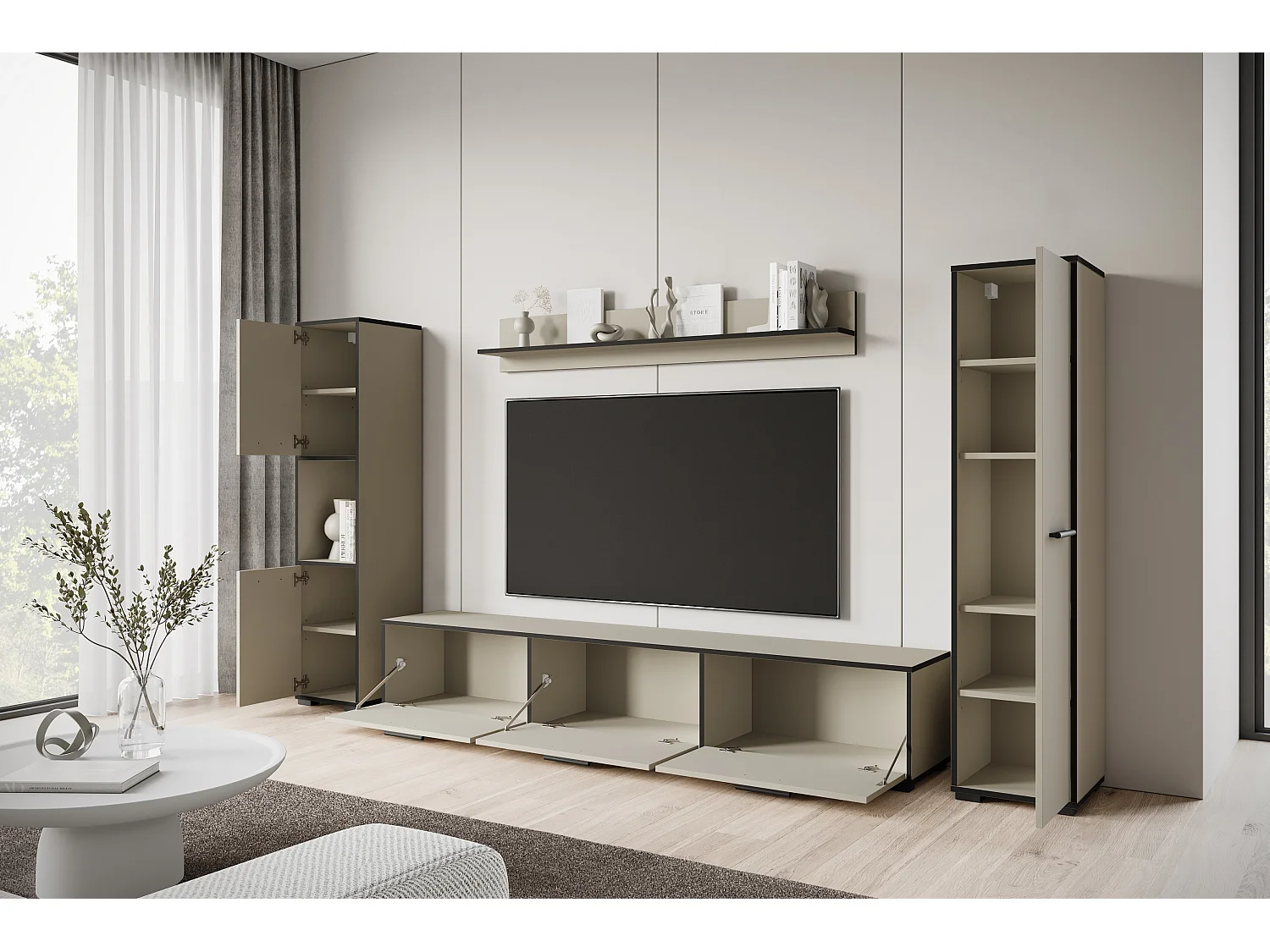 4-delige hang- en staande meubelset, TV-meubel 180 cm, 2 hoge kasten en wandplank, kasjmier