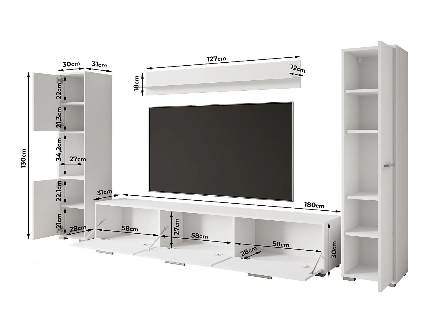4-delige hang- en staande meubelset, TV-meubel 180 cm, 2 hoge kasten en wandplank, kasjmier