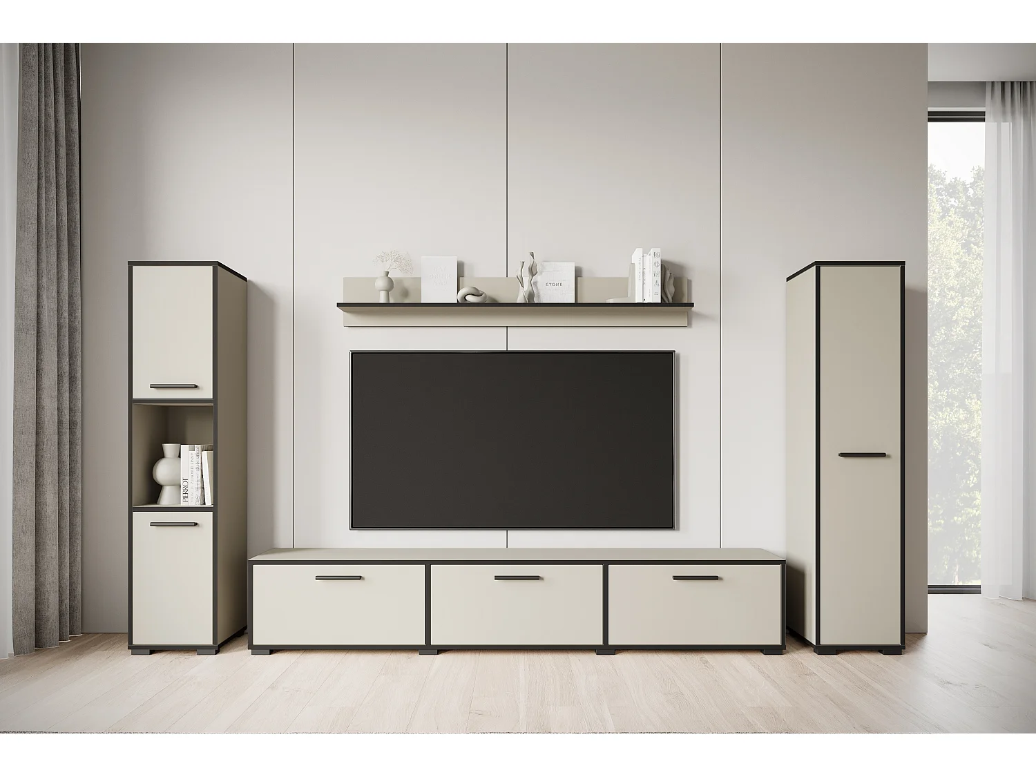 4-delige hang- en staande meubelset, TV-meubel 180 cm, 2 hoge kasten en wandplank, kasjmier