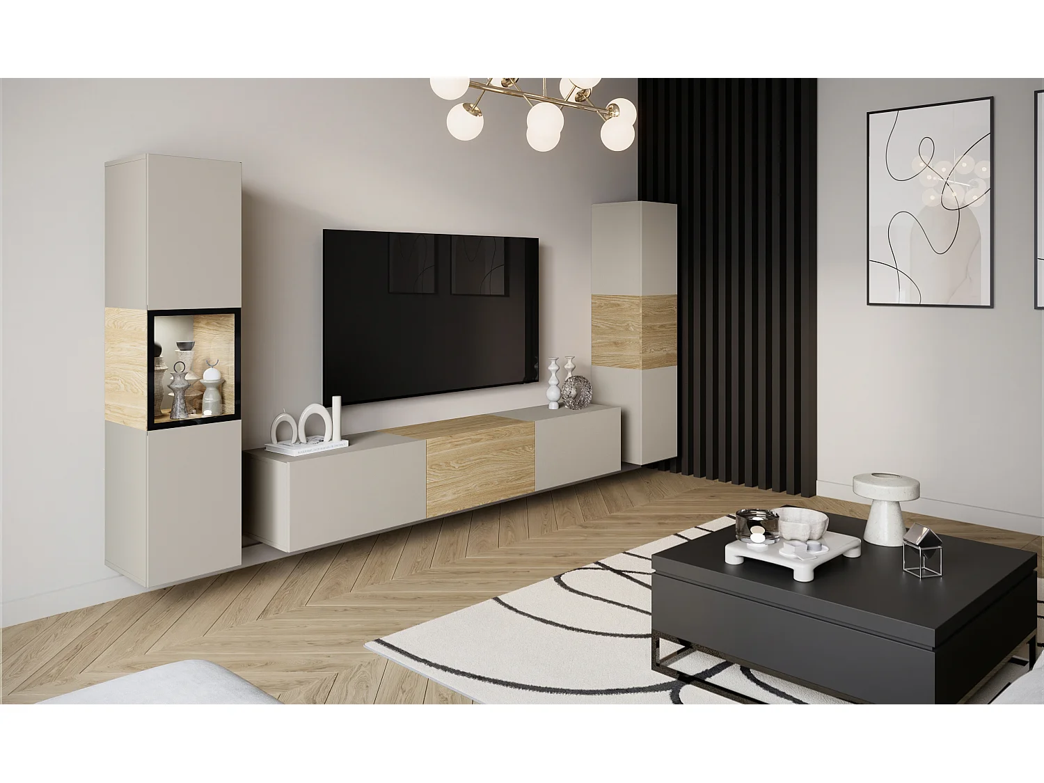 Moderne Wohnwand mit TV-Lowboard 180 cm, Vitrine und Hochschrank