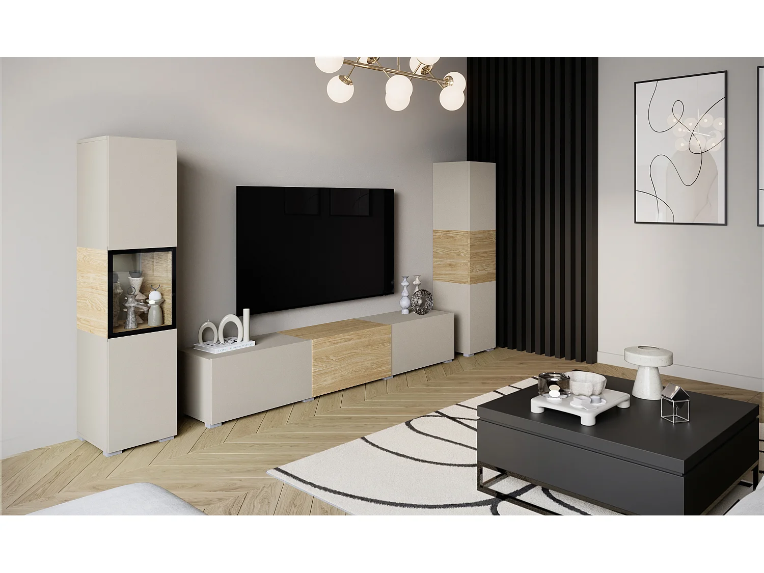 Moderne Wohnwand mit TV-Lowboard 180 cm, Vitrine und Hochschrank