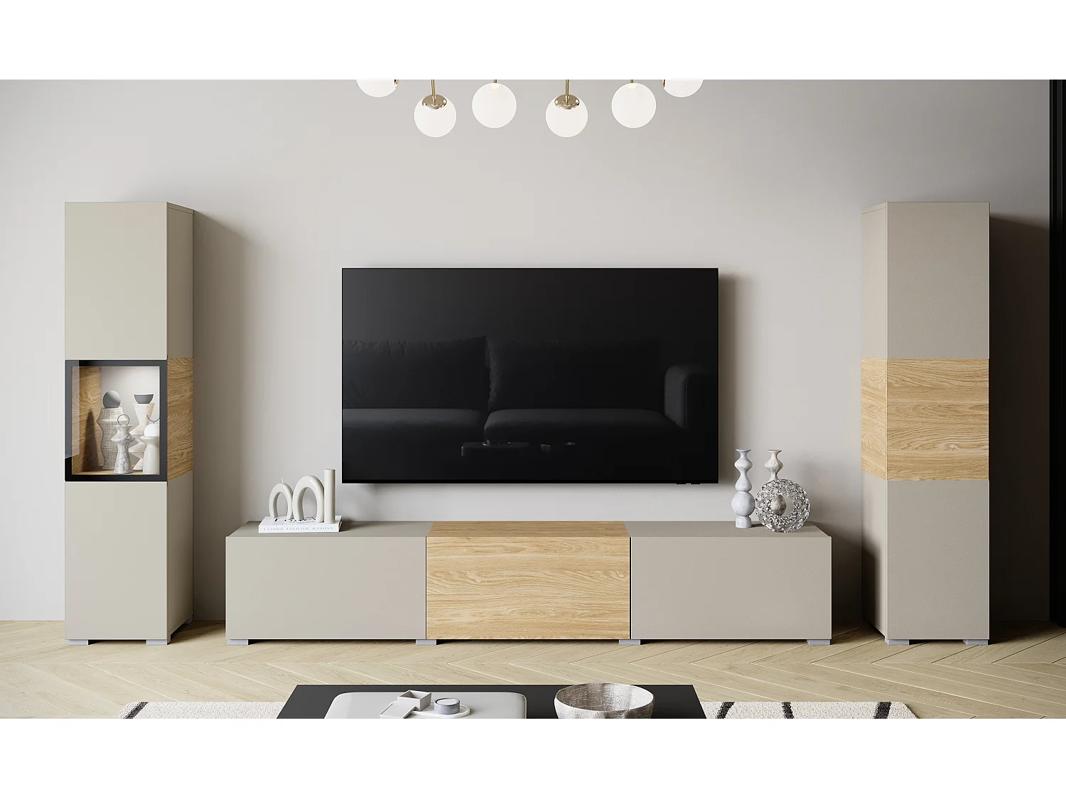 Moderne Wohnwand mit TV-Lowboard 180 cm, Vitrine und Hochschrank