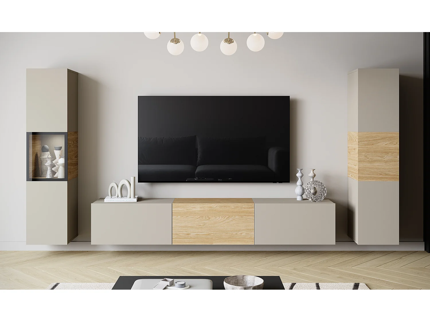 Moderne Wohnwand mit TV-Lowboard 180 cm, Vitrine und Hochschrank