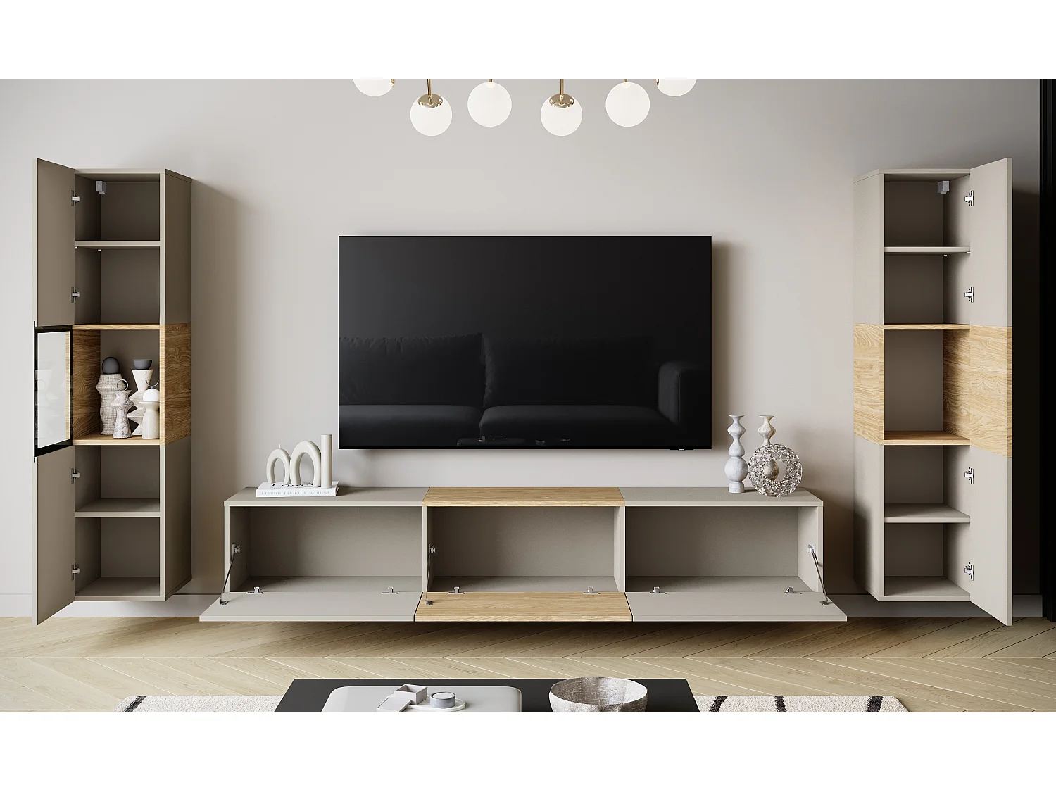 Moderne Wohnwand mit TV-Lowboard 180 cm, Vitrine und Hochschrank