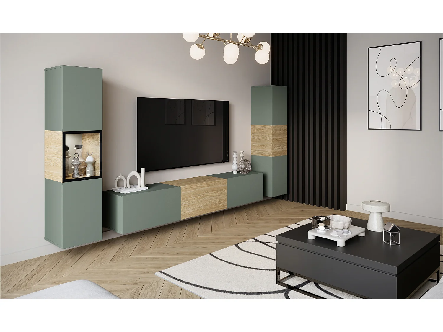 Moderne wandmeubelset met TV-meubel 180 cm, vitrinekast en hoge kast voor woonkamer