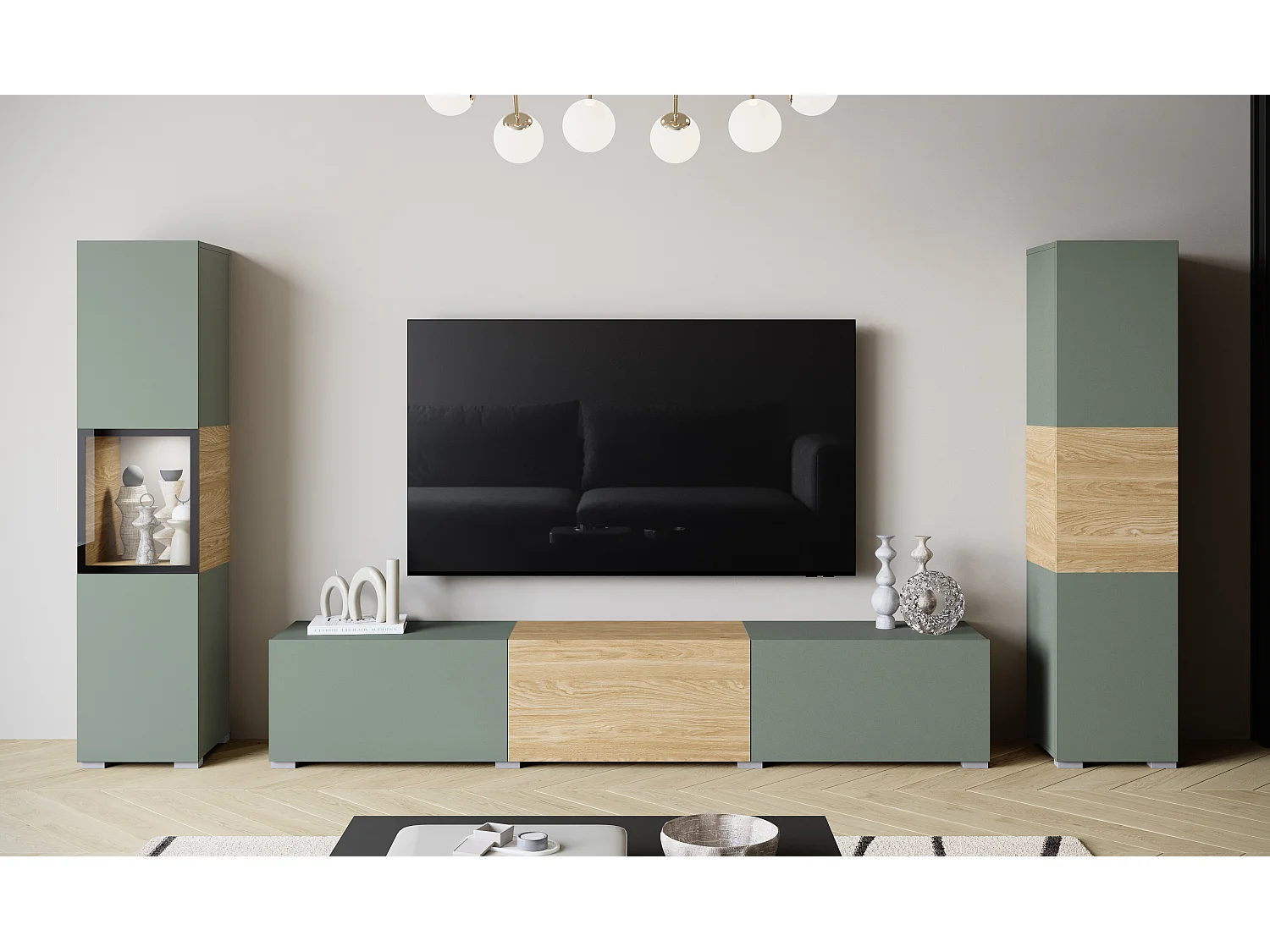 Moderne wandmeubelset met TV-meubel 180 cm, vitrinekast en hoge kast voor woonkamer
