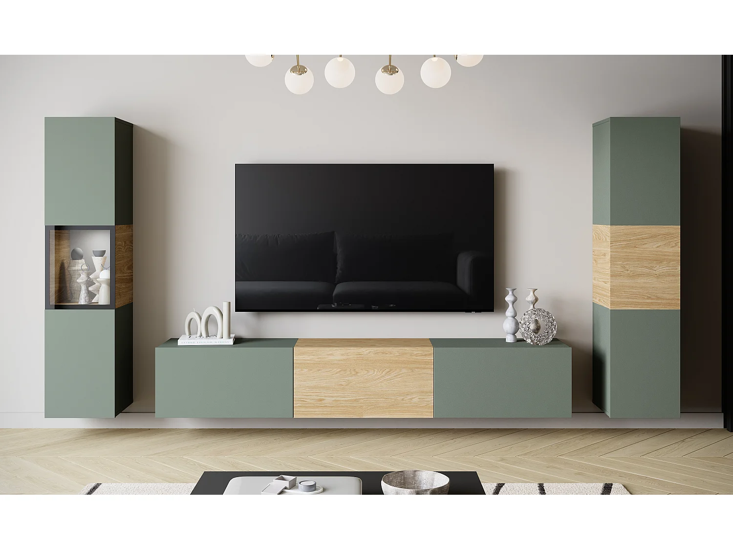 Moderne wandmeubelset met TV-meubel 180 cm, vitrinekast en hoge kast voor woonkamer