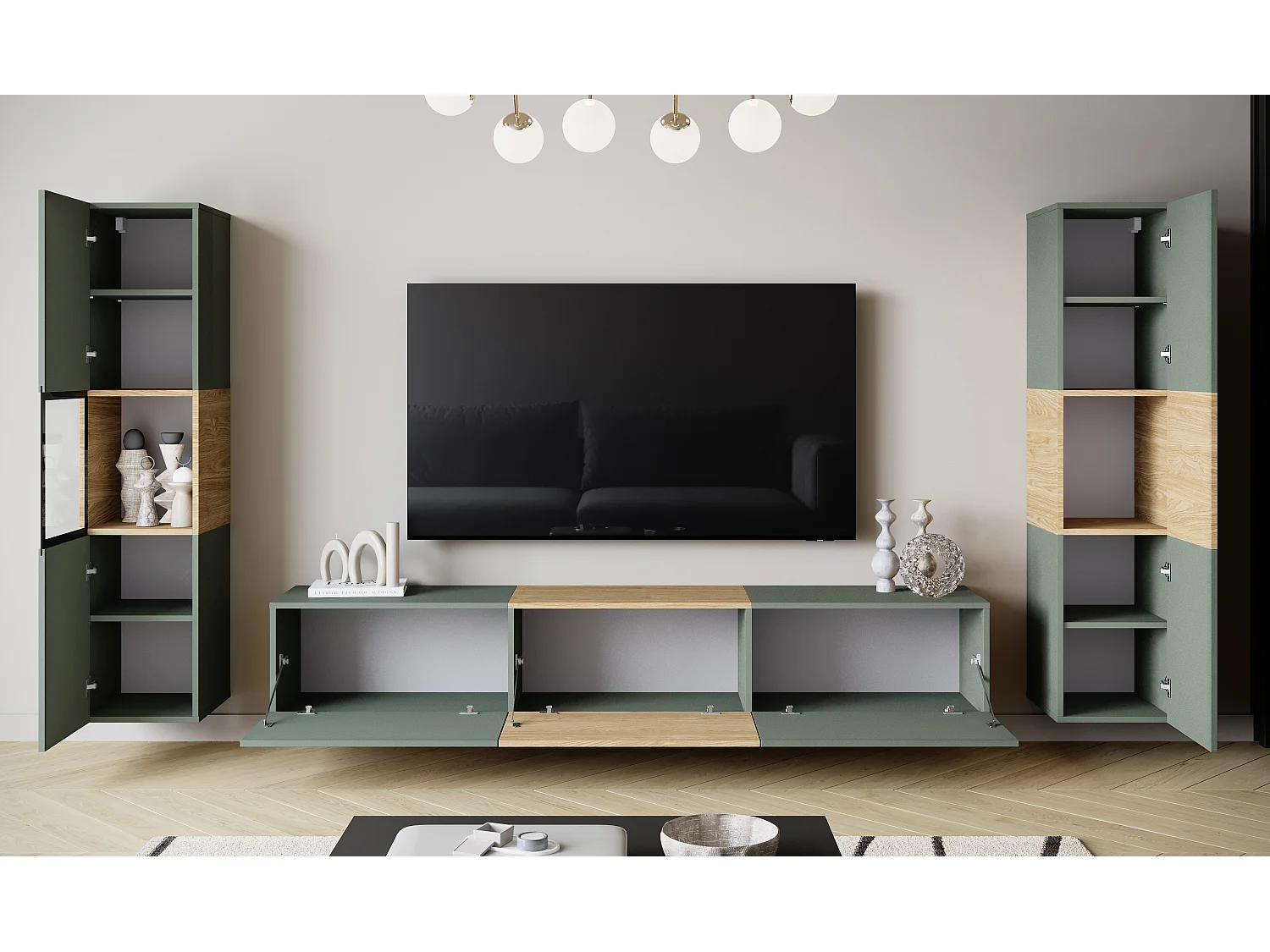 Moderne wandmeubelset met TV-meubel 180 cm, vitrinekast en hoge kast voor woonkamer