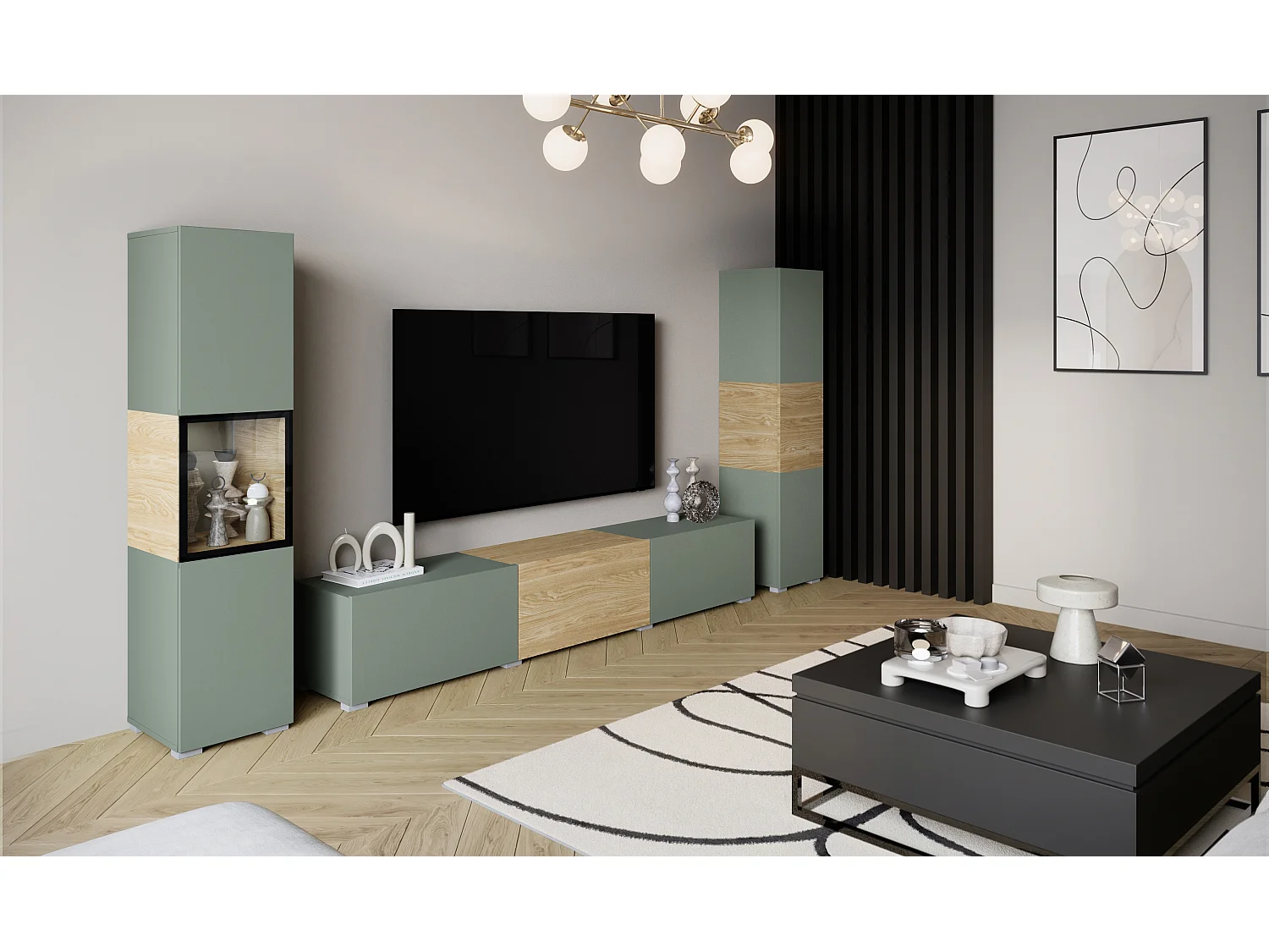 Moderne wandmeubelset met TV-meubel 180 cm, vitrinekast en hoge kast voor woonkamer