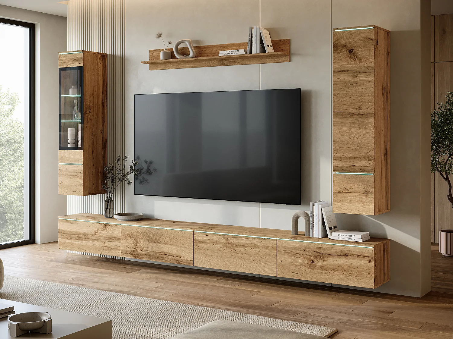 Moderne wandmeubelset 300 cm met LED-verlichting Wotan eiken