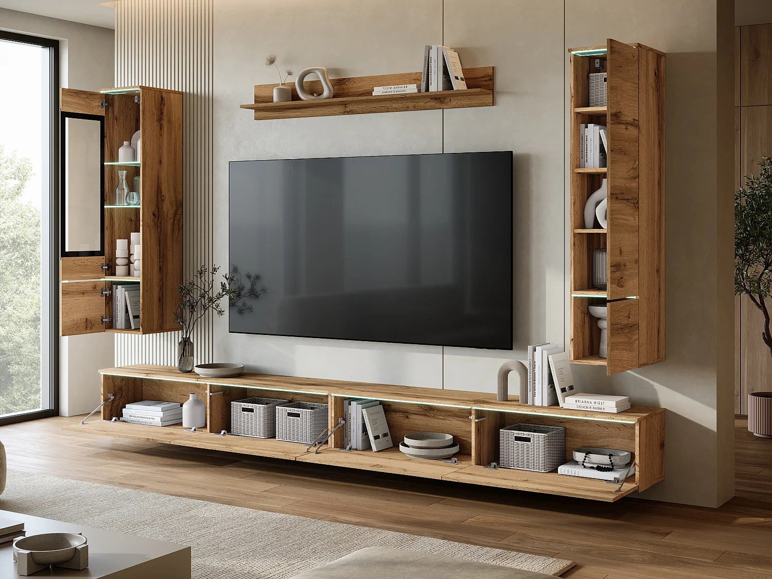 Moderne wandmeubelset 300 cm met LED-verlichting Wotan eiken