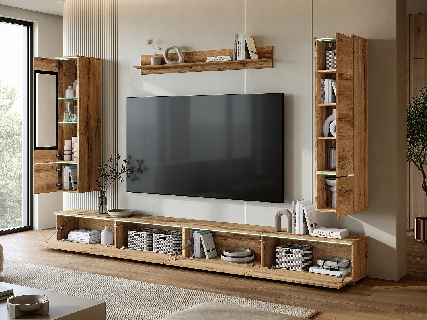 Moderne wandmeubelset 300 cm met LED-verlichting Wotan eiken