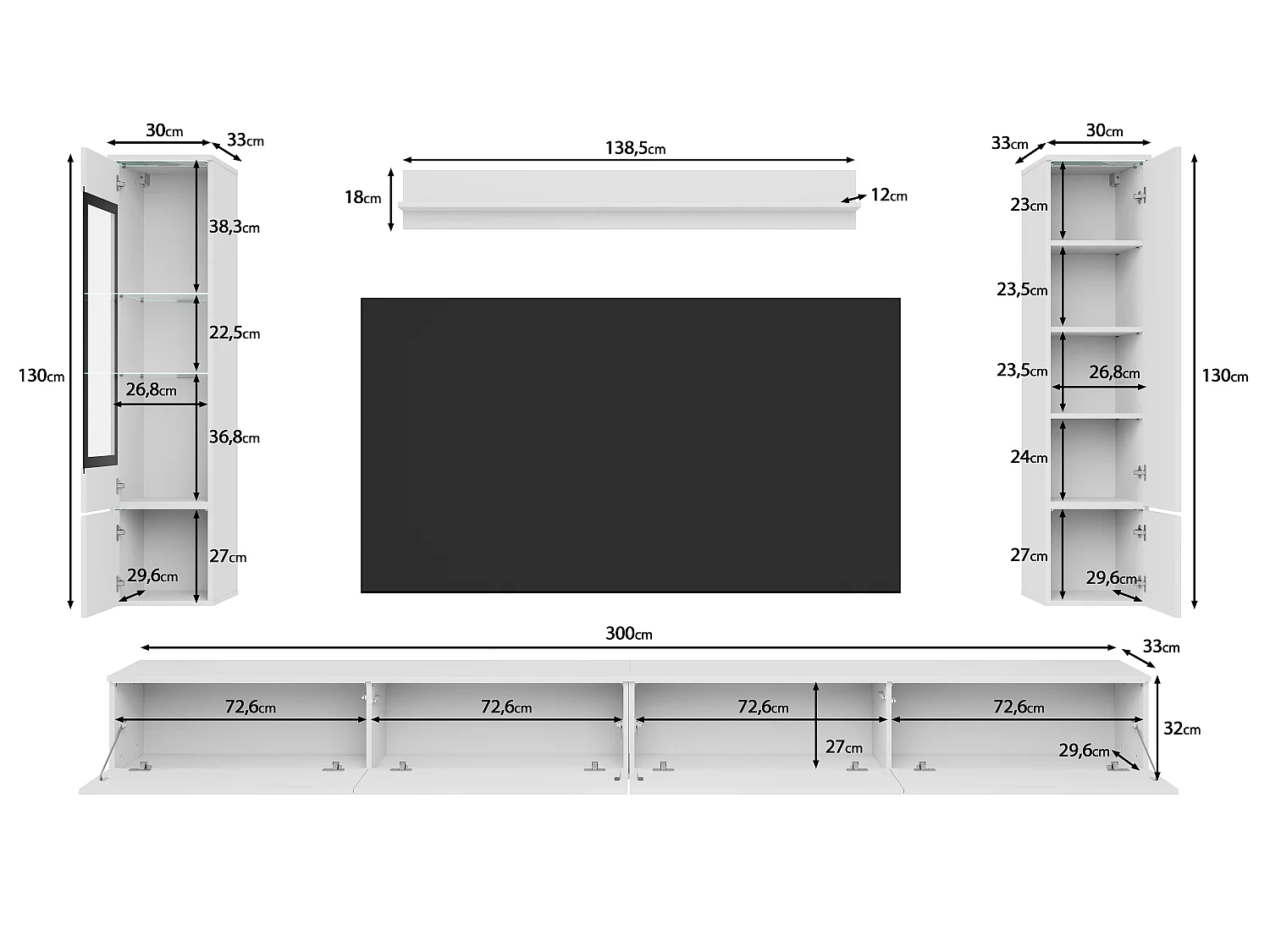 Moderne wandmeubelset 300 cm met LED-verlichting Wotan eiken