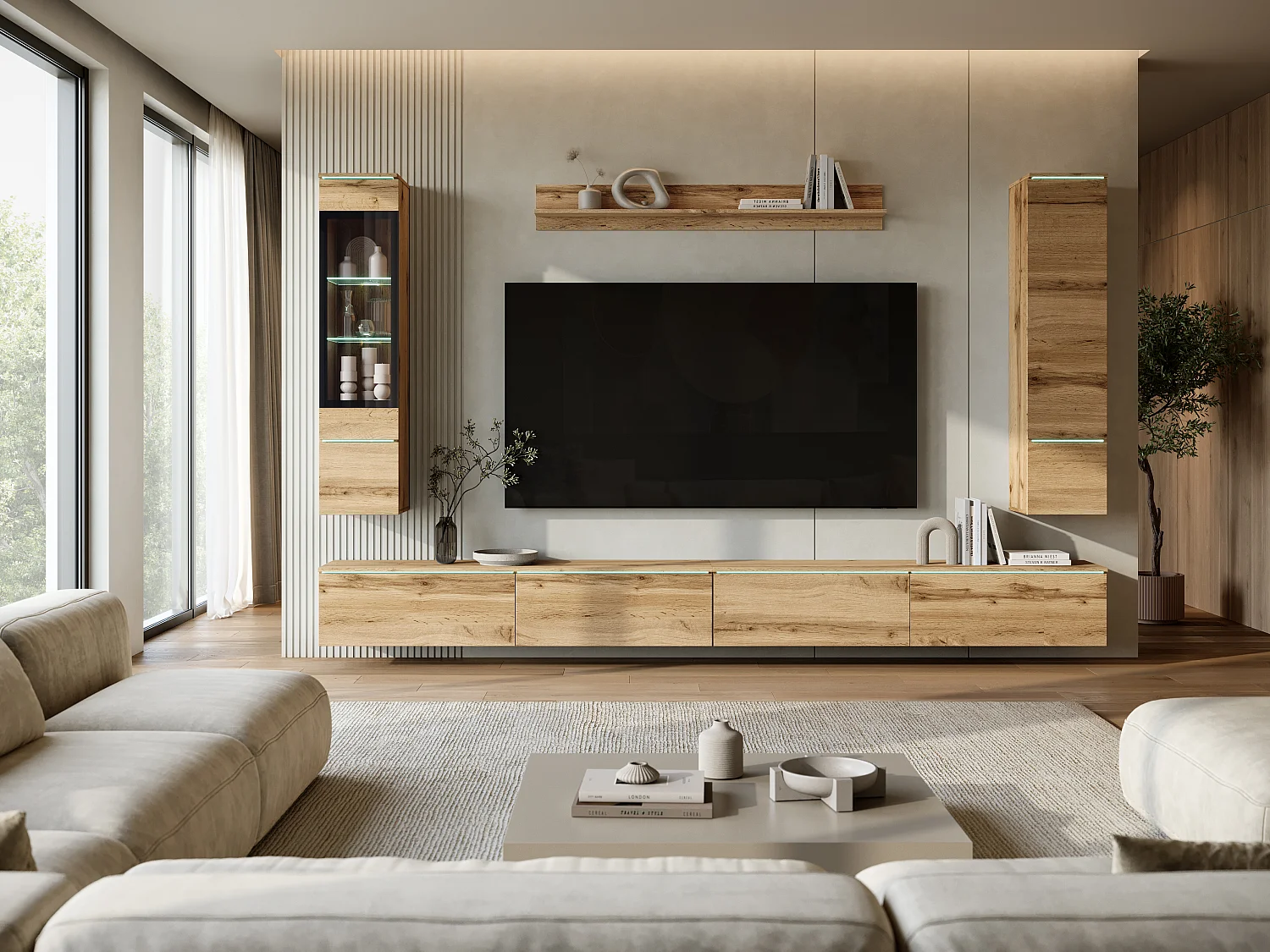 Moderne wandmeubelset 300 cm met LED-verlichting Wotan eiken