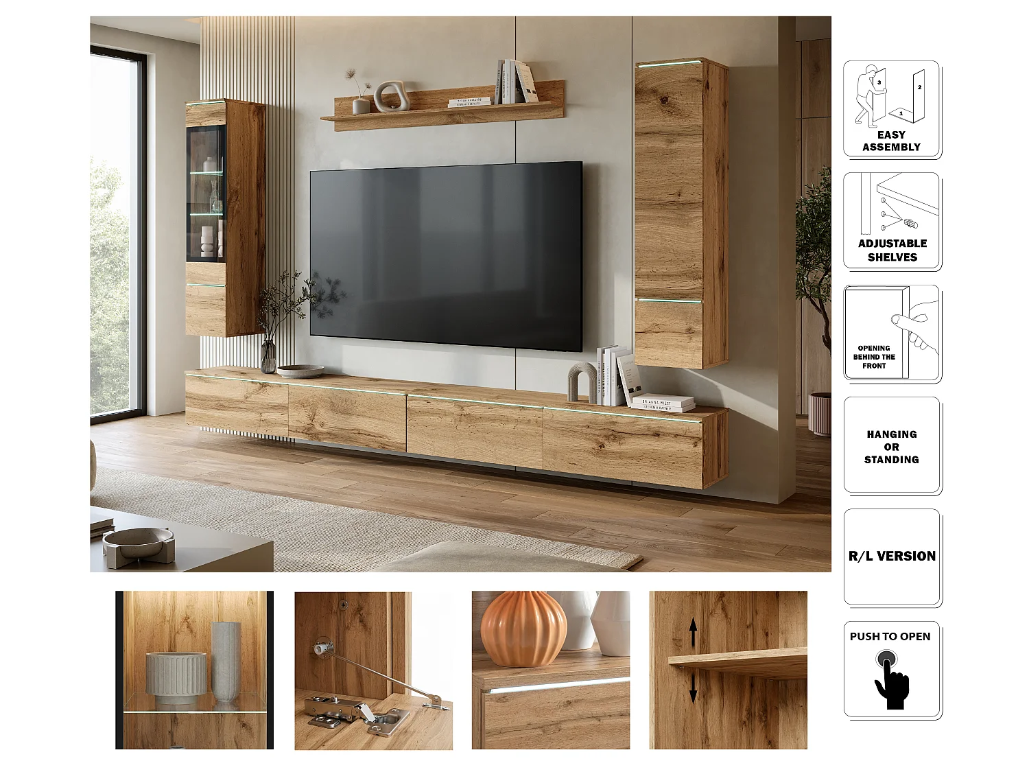 Moderne wandmeubelset 300 cm met LED-verlichting Wotan eiken