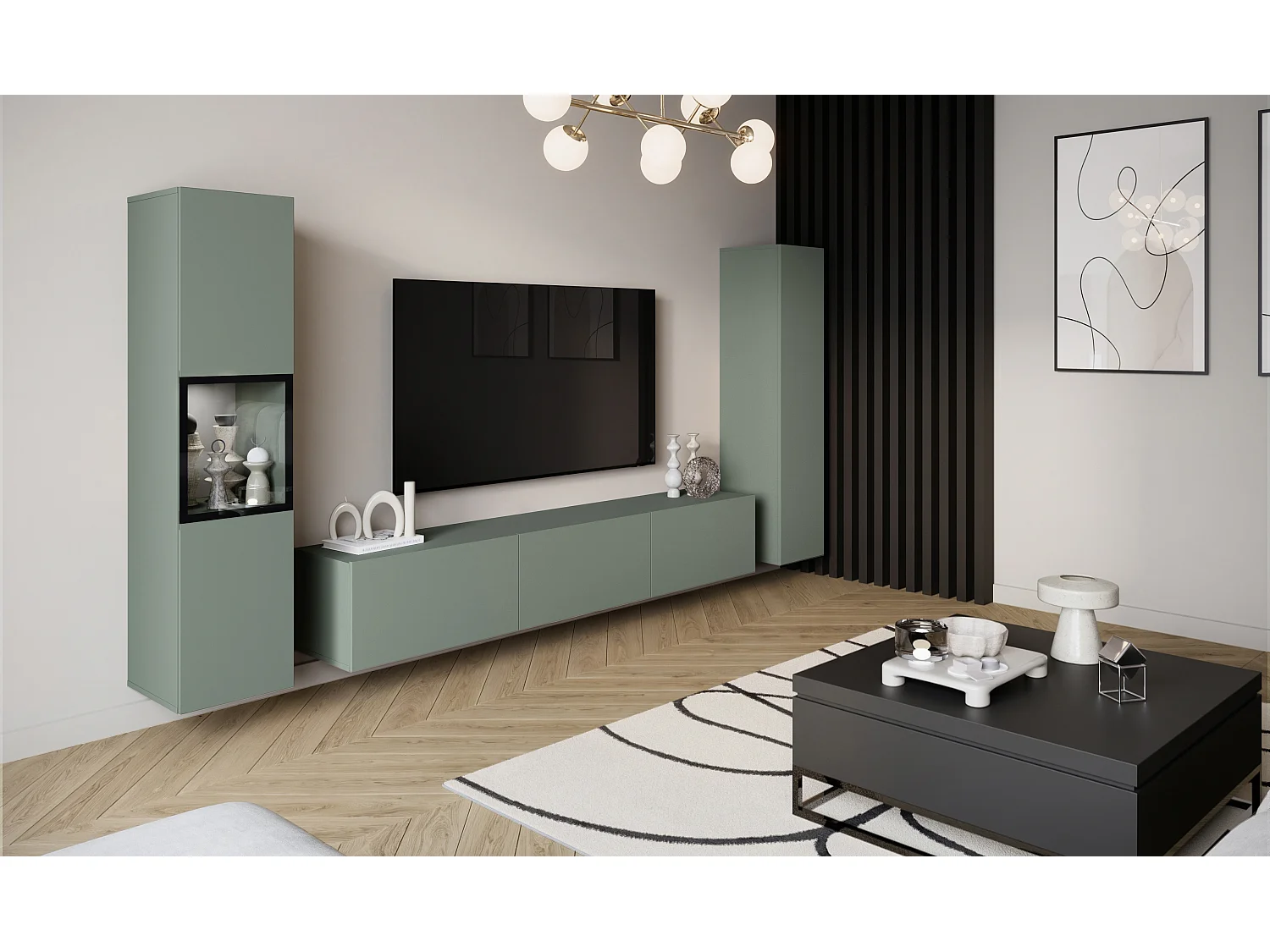 Moderne wandmeubelset met TV-meubel 180 cm, vitrinekast en hoge kast voor woonkamer