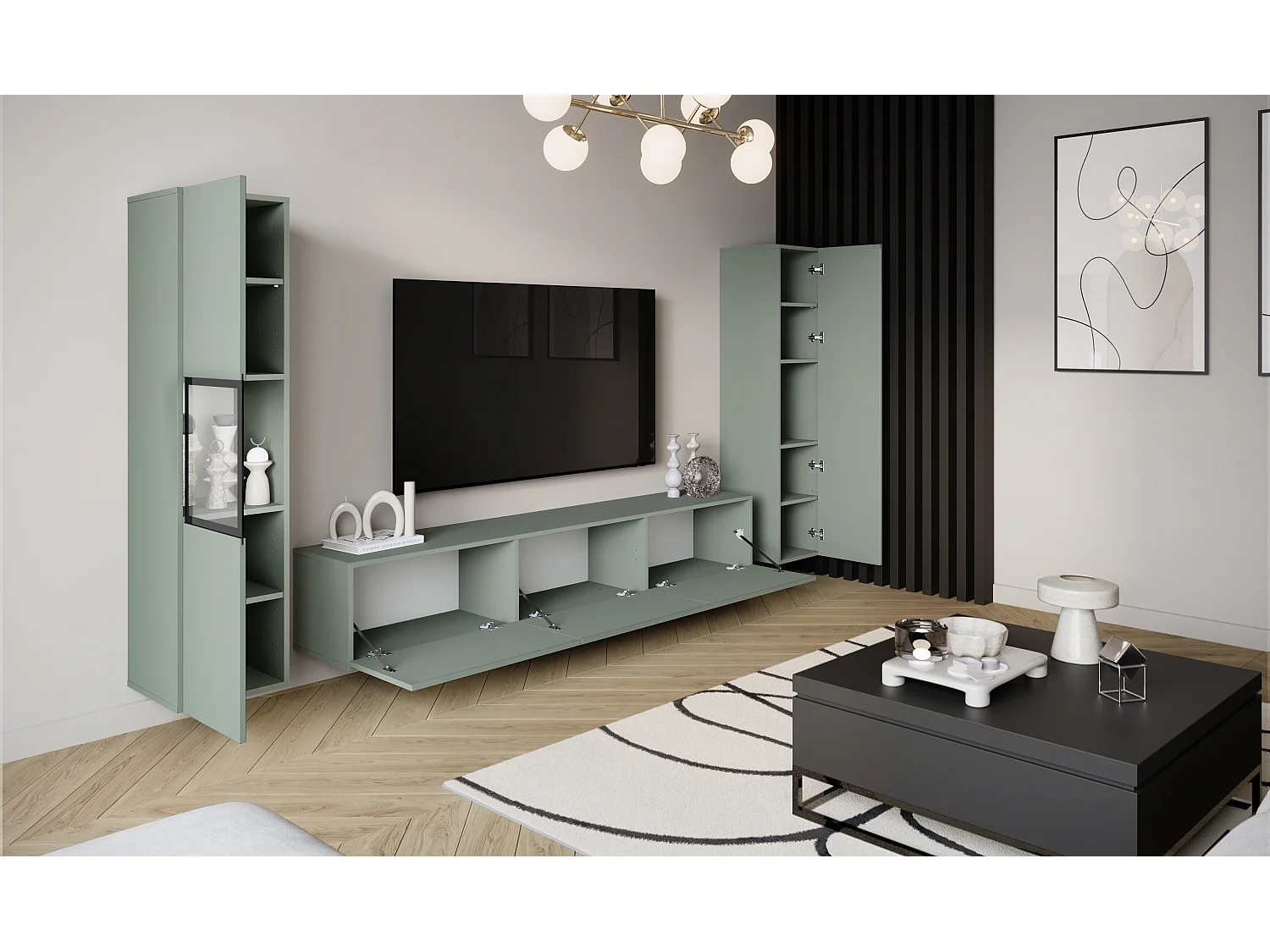 Moderne wandmeubelset met TV-meubel 180 cm, vitrinekast en hoge kast voor woonkamer