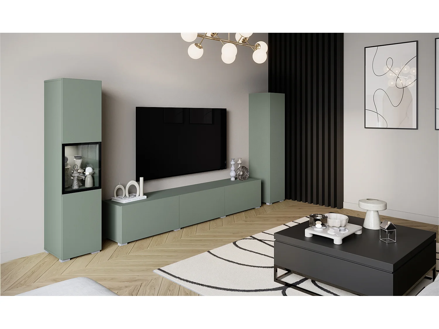 Moderne wandmeubelset met TV-meubel 180 cm, vitrinekast en hoge kast voor woonkamer