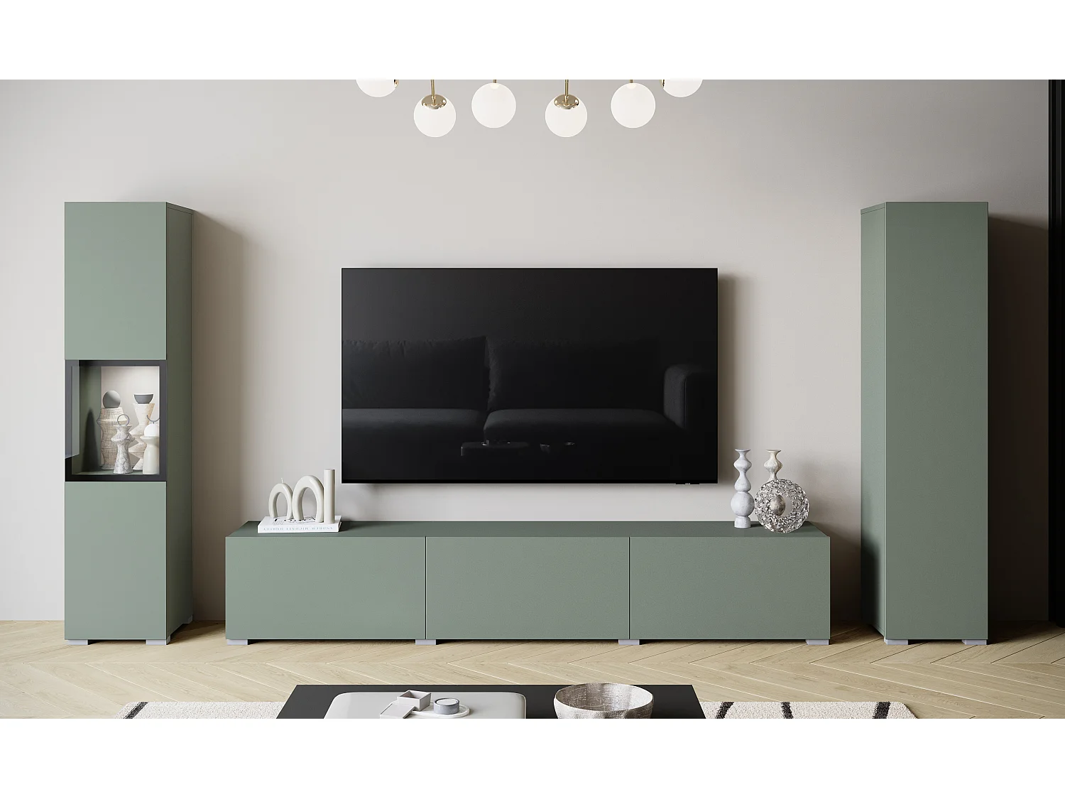 Moderne wandmeubelset met TV-meubel 180 cm, vitrinekast en hoge kast voor woonkamer
