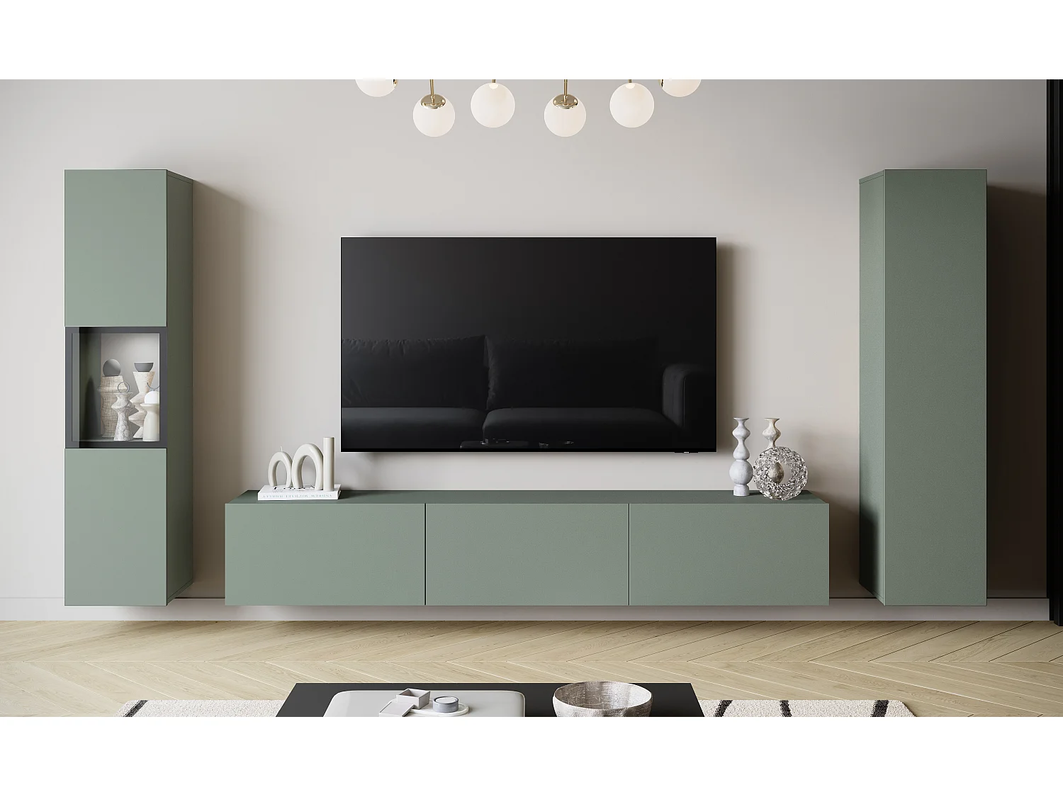 Moderne wandmeubelset met TV-meubel 180 cm, vitrinekast en hoge kast voor woonkamer