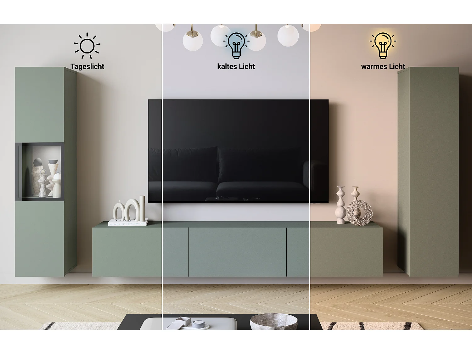 Moderne wandmeubelset met TV-meubel 180 cm, vitrinekast en hoge kast voor woonkamer