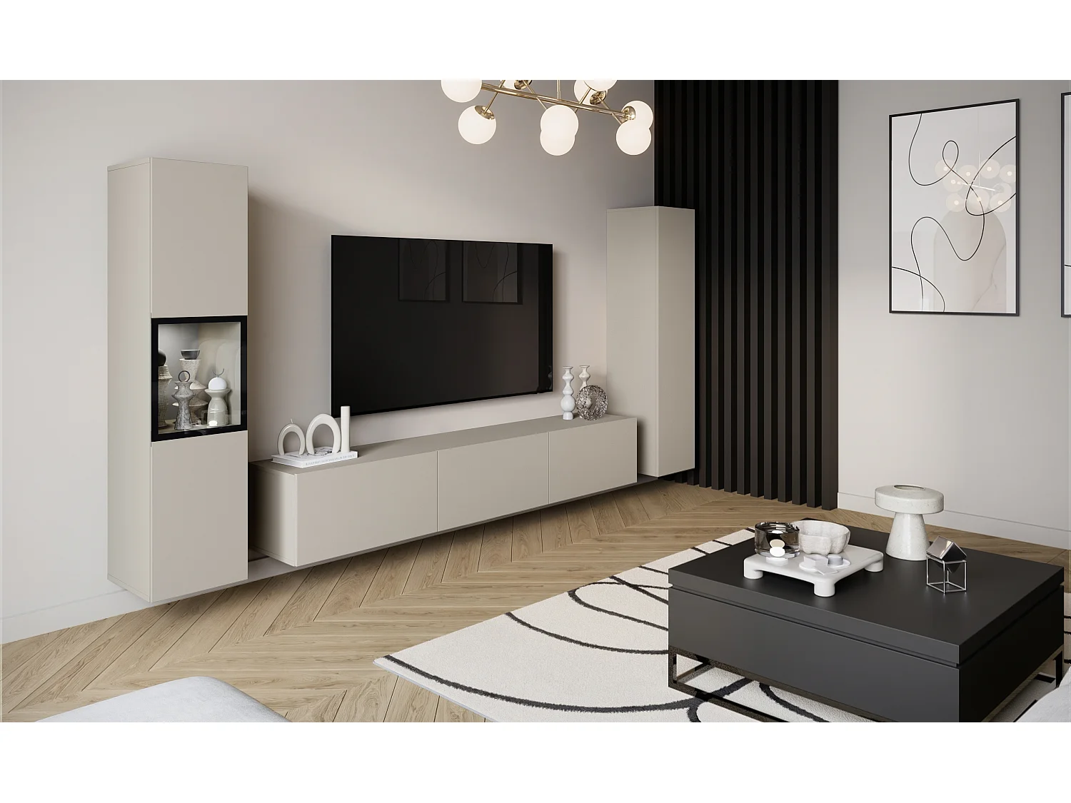 Moderne wandmeubelset met TV-meubel 180 cm, vitrinekast en hoge kast voor woonkamer