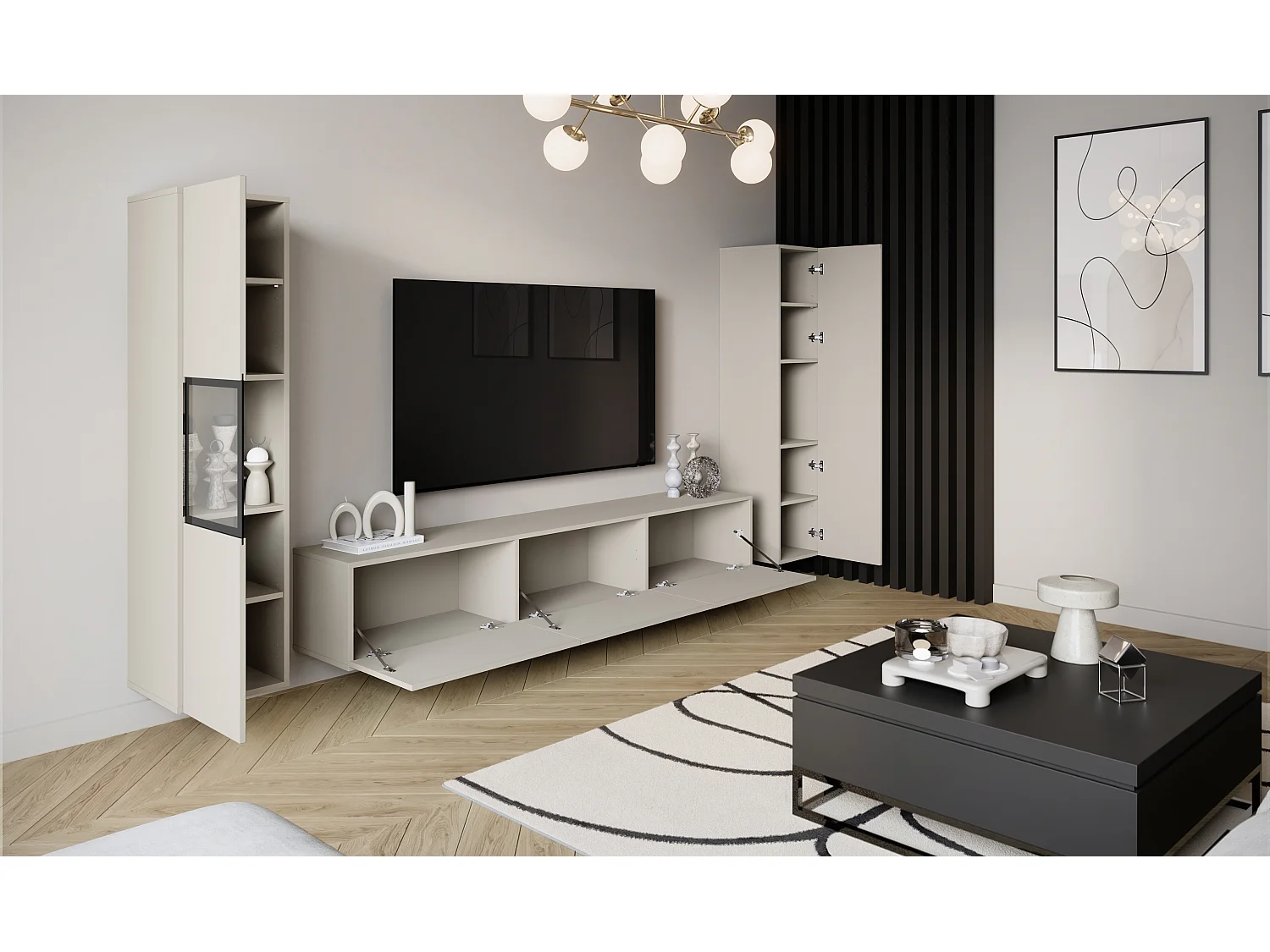 Moderne wandmeubelset met TV-meubel 180 cm, vitrinekast en hoge kast voor woonkamer