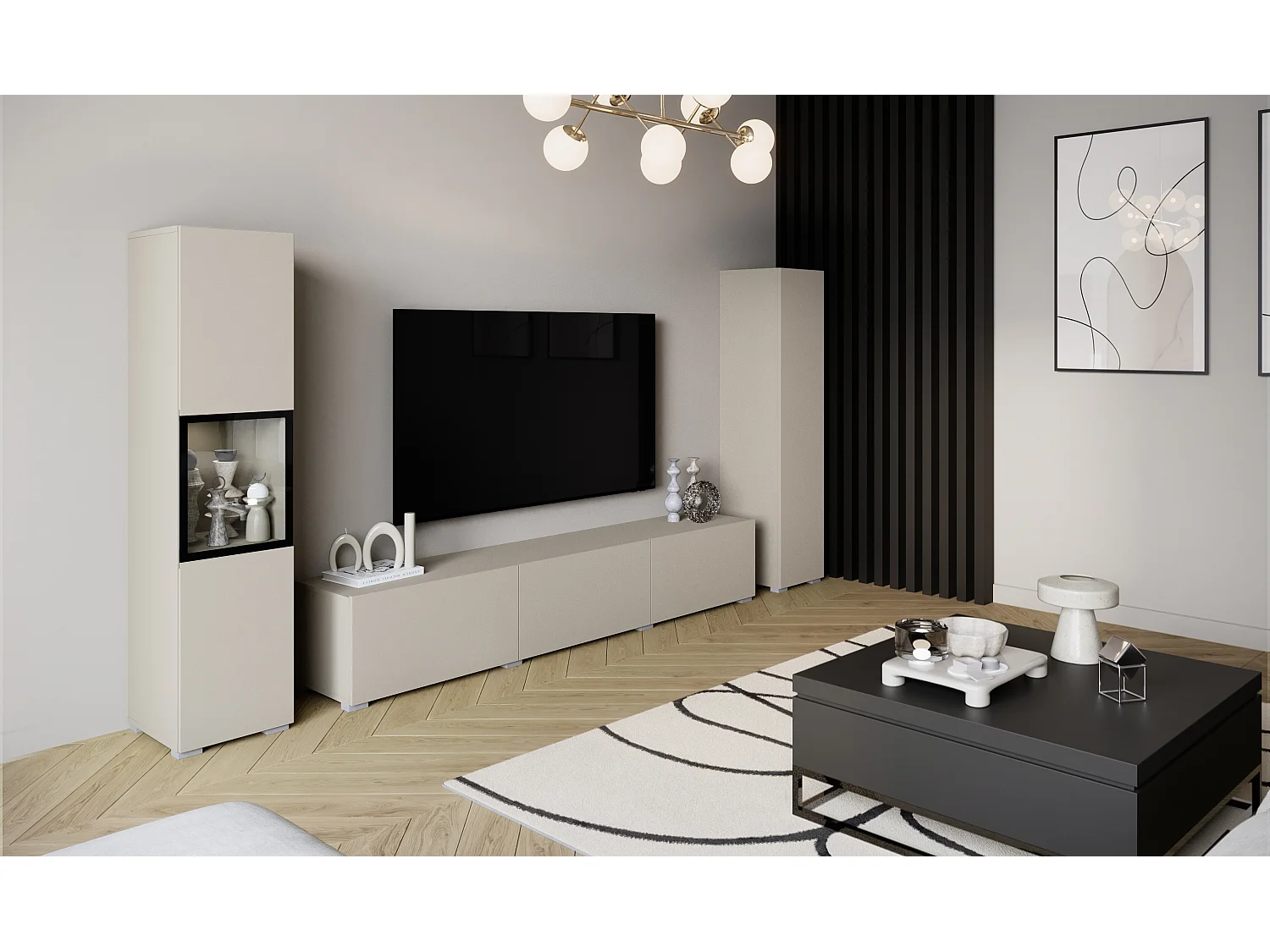 Moderne wandmeubelset met TV-meubel 180 cm, vitrinekast en hoge kast voor woonkamer