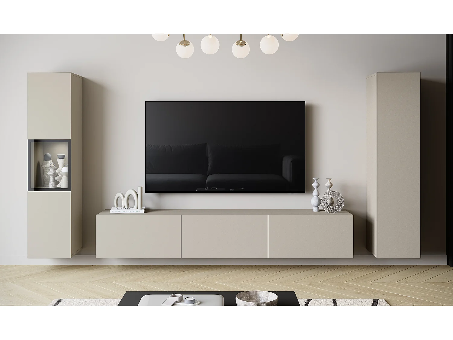 Moderne wandmeubelset met TV-meubel 180 cm, vitrinekast en hoge kast voor woonkamer