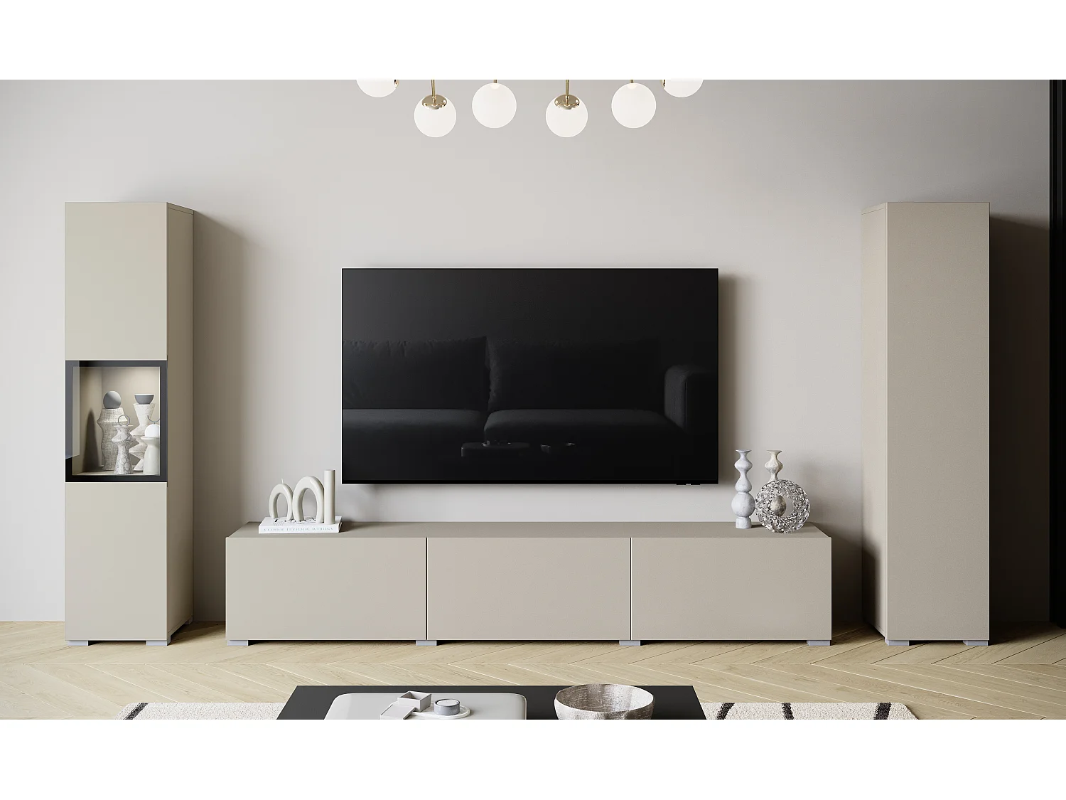 Moderne wandmeubelset met TV-meubel 180 cm, vitrinekast en hoge kast voor woonkamer