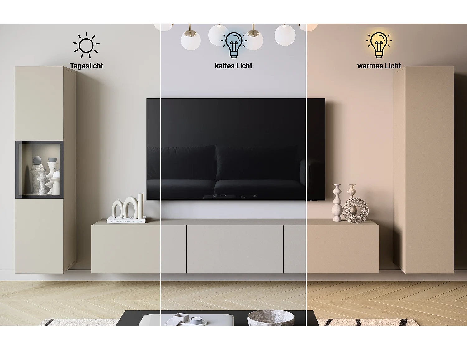 Moderne wandmeubelset met TV-meubel 180 cm, vitrinekast en hoge kast voor woonkamer