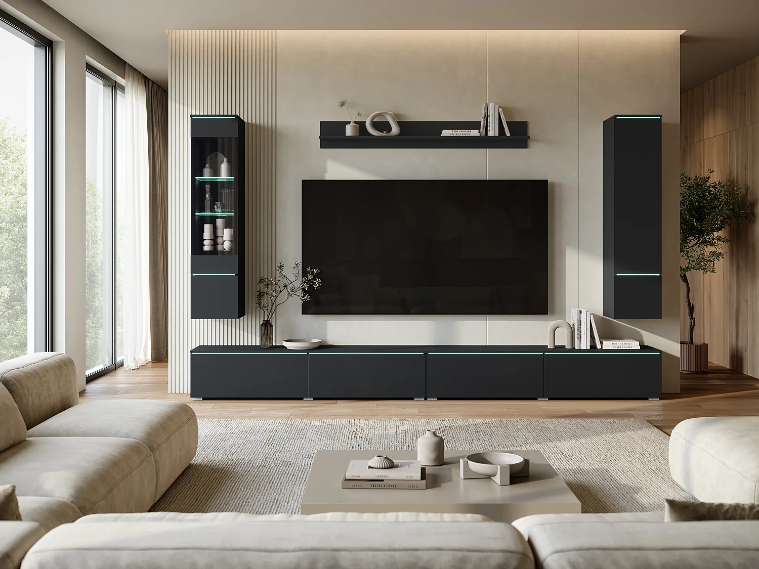 Moderne wandmeubelset 300 cm met LED-verlichting mat zwart