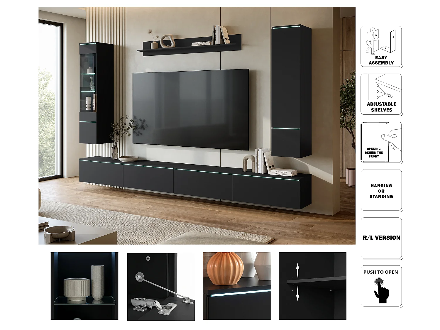 Moderne wandmeubelset 300 cm met LED-verlichting mat zwart