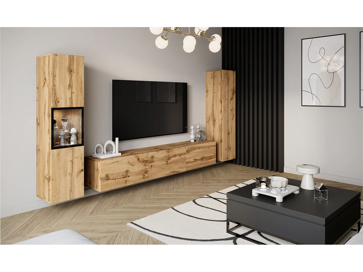 Moderne wandmeubelset met TV-meubel 180 cm, vitrinekast en hoge kast voor woonkamer