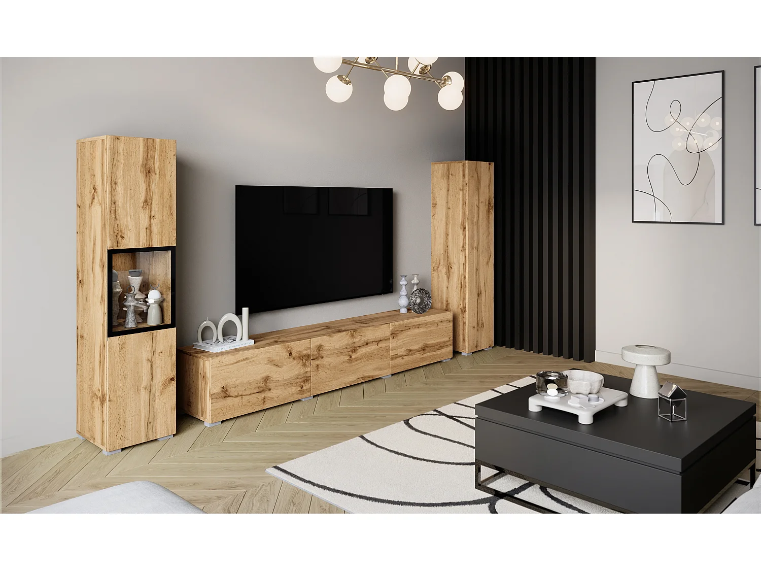 Moderne wandmeubelset met TV-meubel 180 cm, vitrinekast en hoge kast voor woonkamer