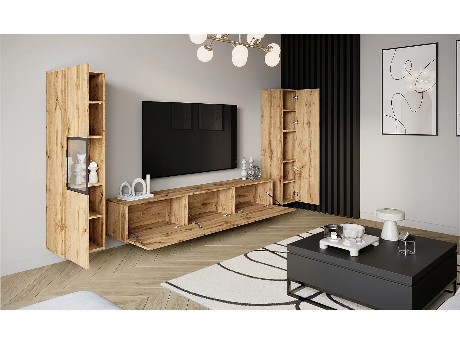 Moderne wandmeubelset met TV-meubel 180 cm, vitrinekast en hoge kast voor woonkamer