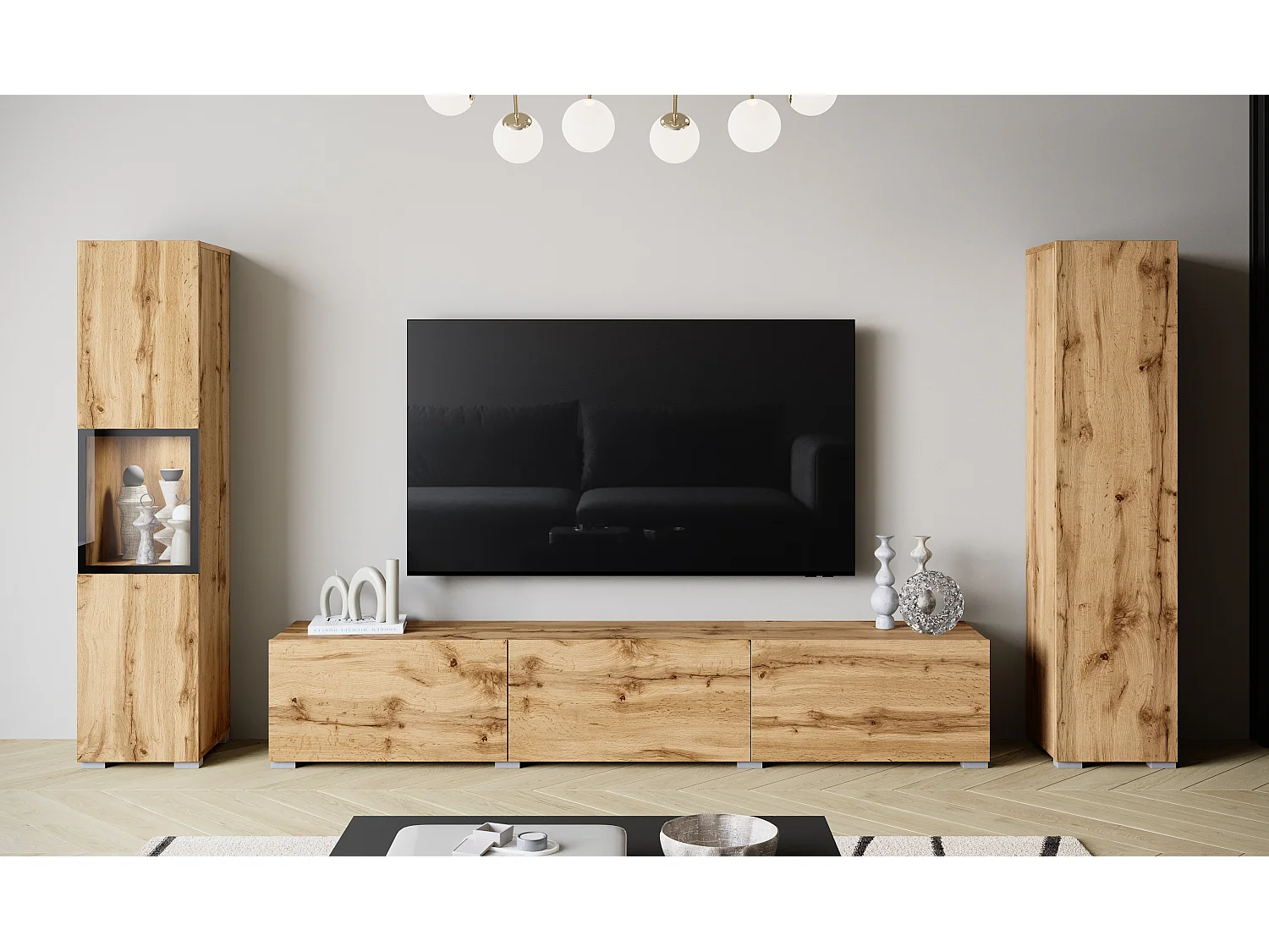 Moderne wandmeubelset met TV-meubel 180 cm, vitrinekast en hoge kast voor woonkamer