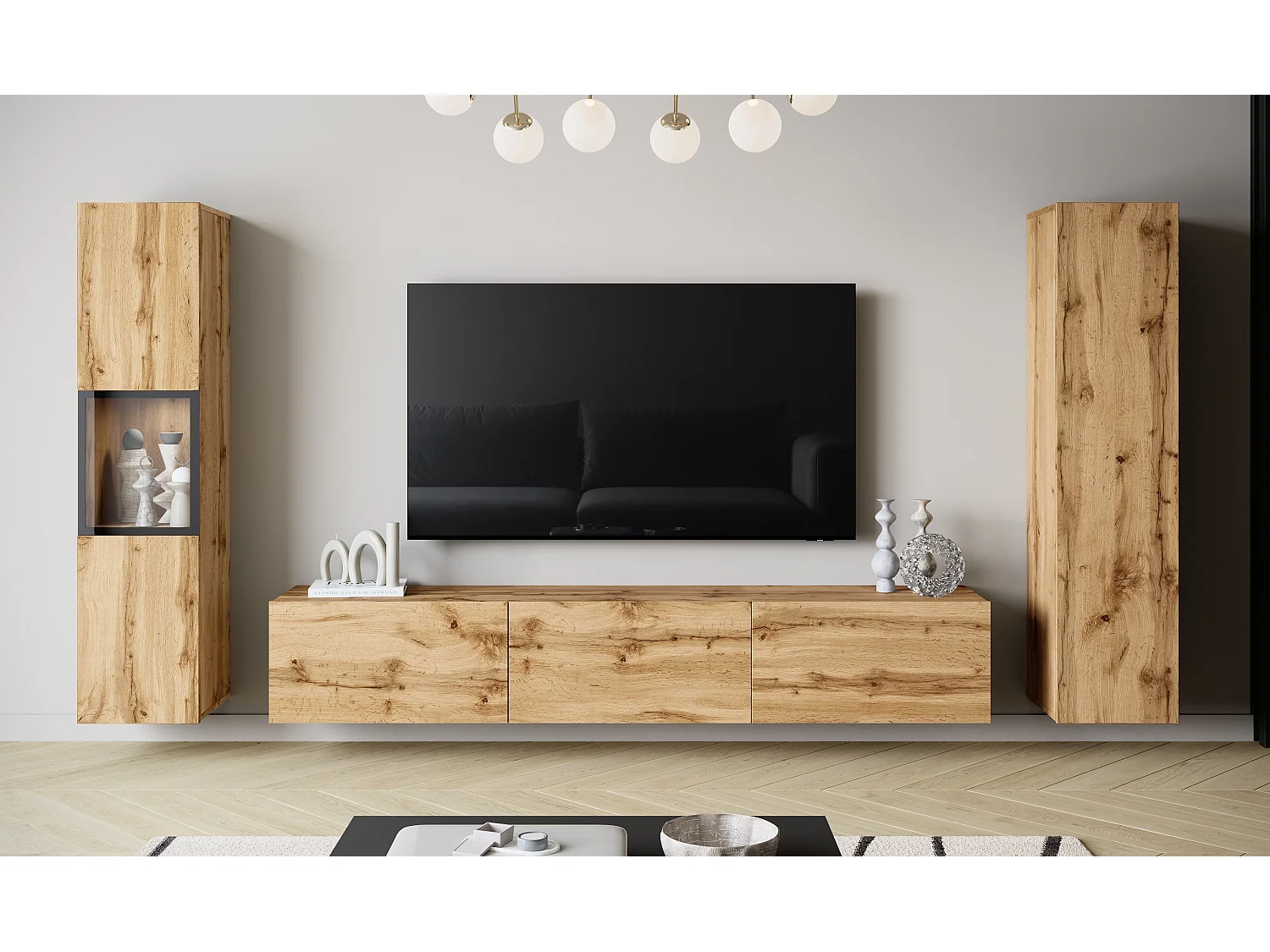 Moderne wandmeubelset met TV-meubel 180 cm, vitrinekast en hoge kast voor woonkamer