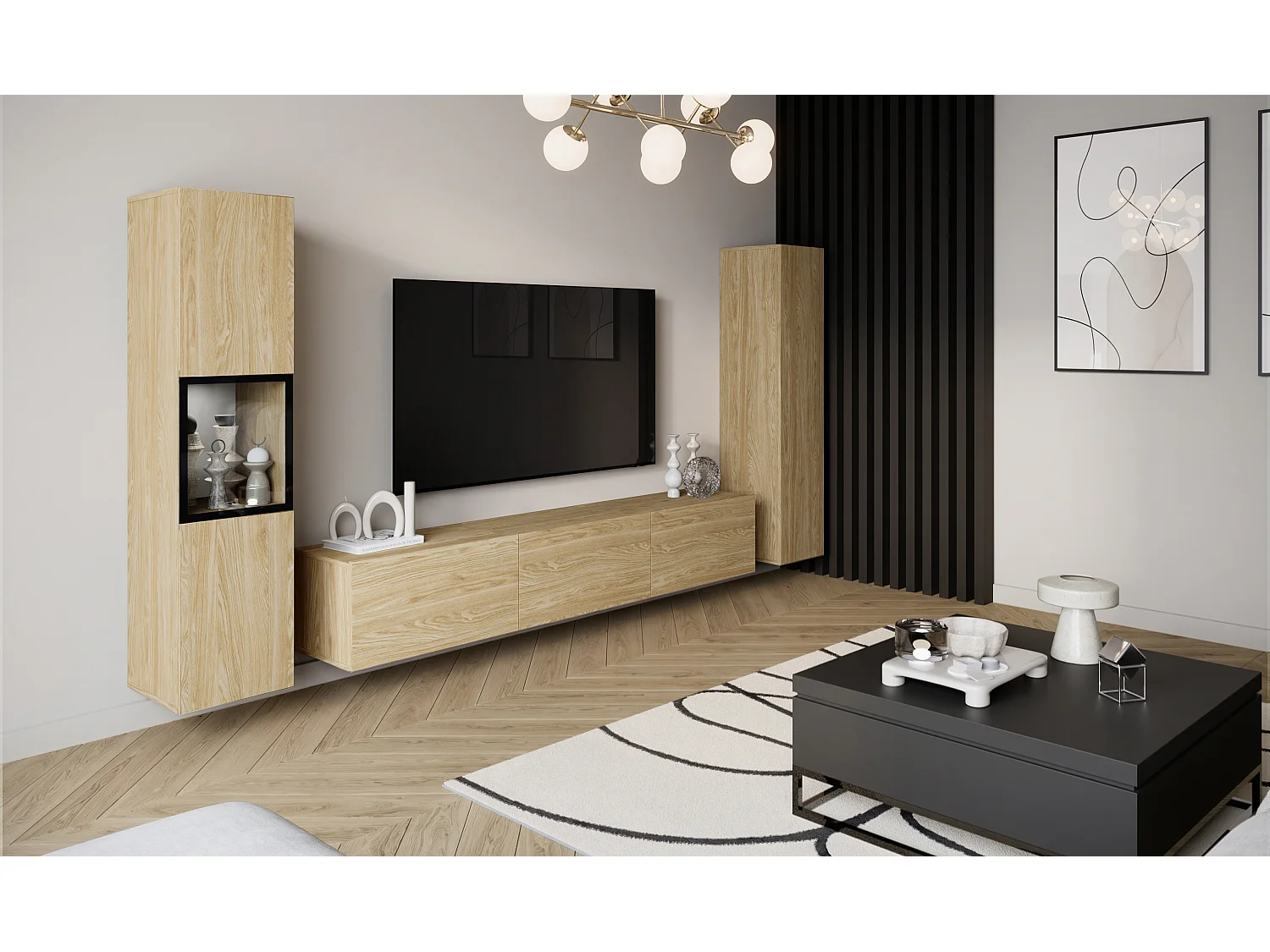 Moderne wandmeubelset met TV-meubel 180 cm, vitrinekast en hoge kast voor woonkamer