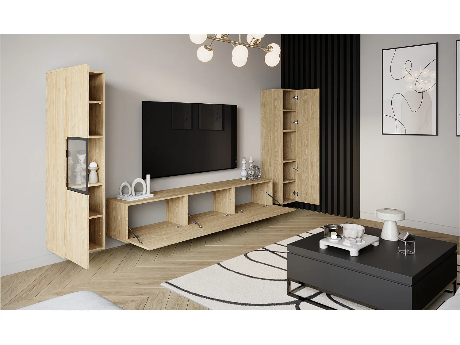 Moderne wandmeubelset met TV-meubel 180 cm, vitrinekast en hoge kast voor woonkamer