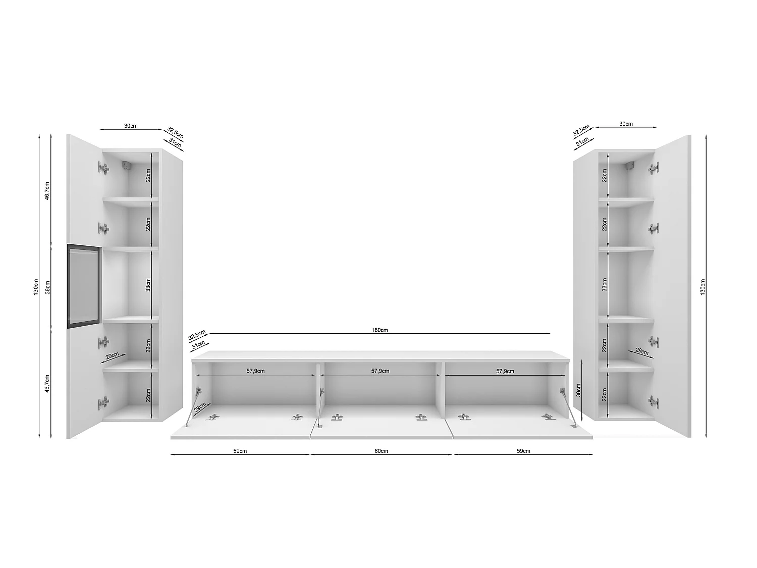 Moderne wandmeubelset met TV-meubel 180 cm, vitrinekast en hoge kast voor woonkamer